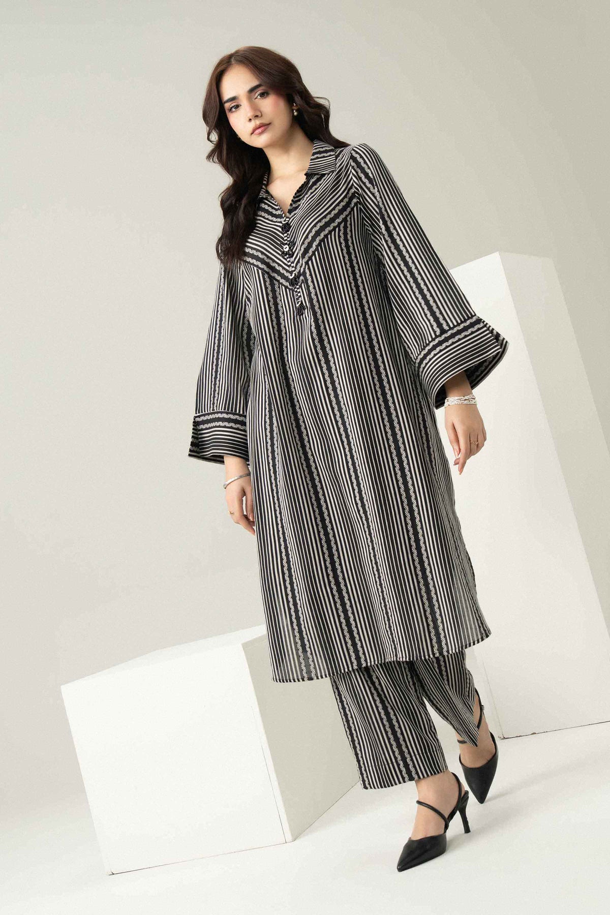 Nishat UK - Black Printed Stripe Twill Yarn Dyed 2 Pieces ready to wear Dress