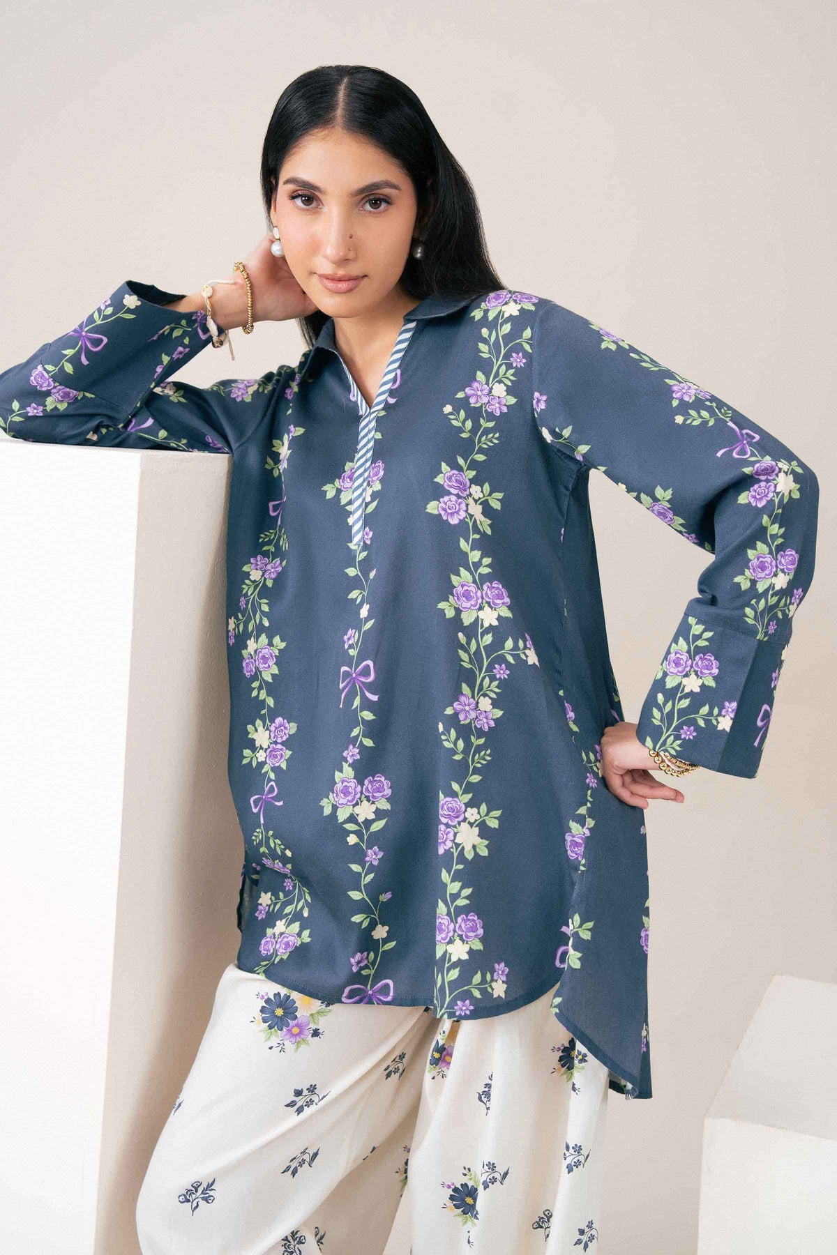 Nishat UK - Blue Printed Satin 2 Pieces ready to wear Dress