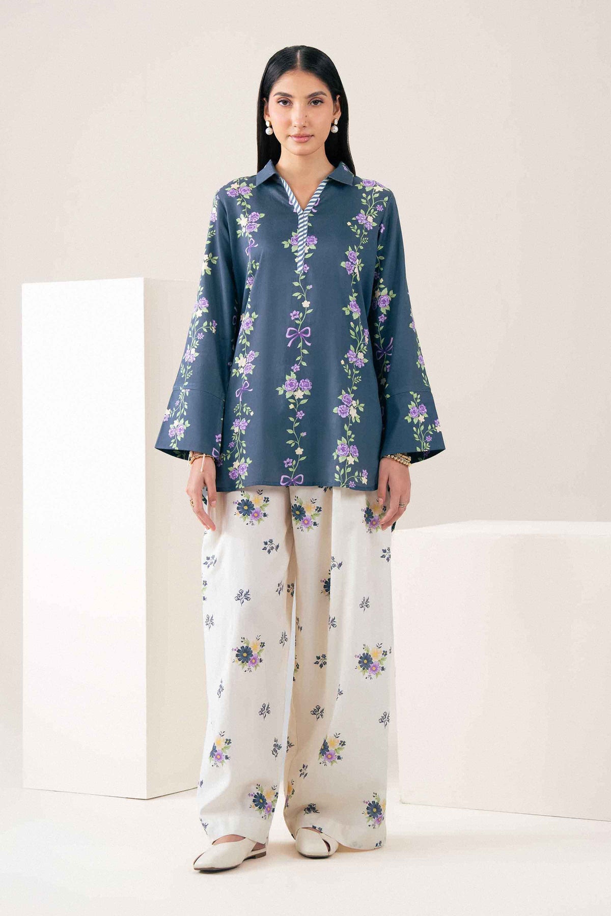 Nishat UK - Blue Printed Satin 2 Pieces ready to wear Dress