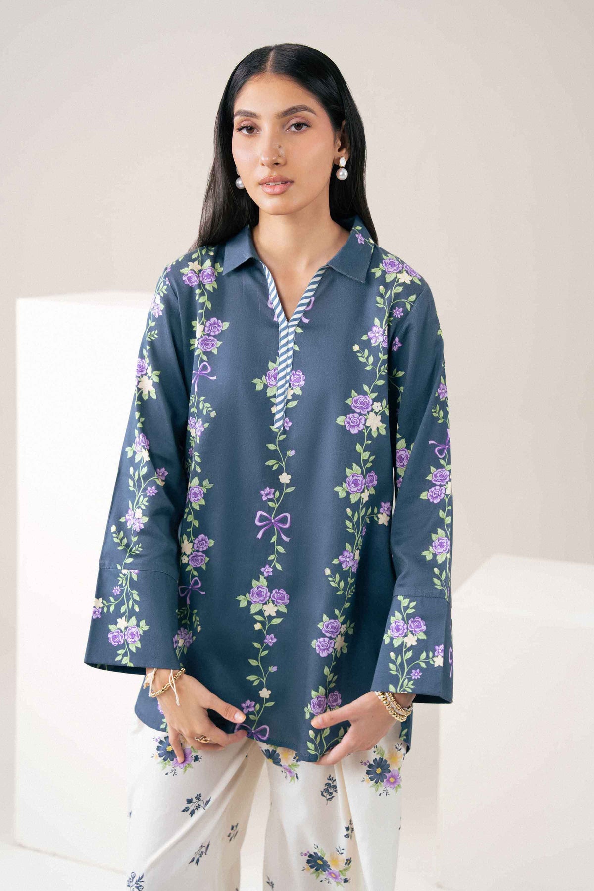 Nishat UK - Blue Printed Satin 2 Pieces ready to wear Dress