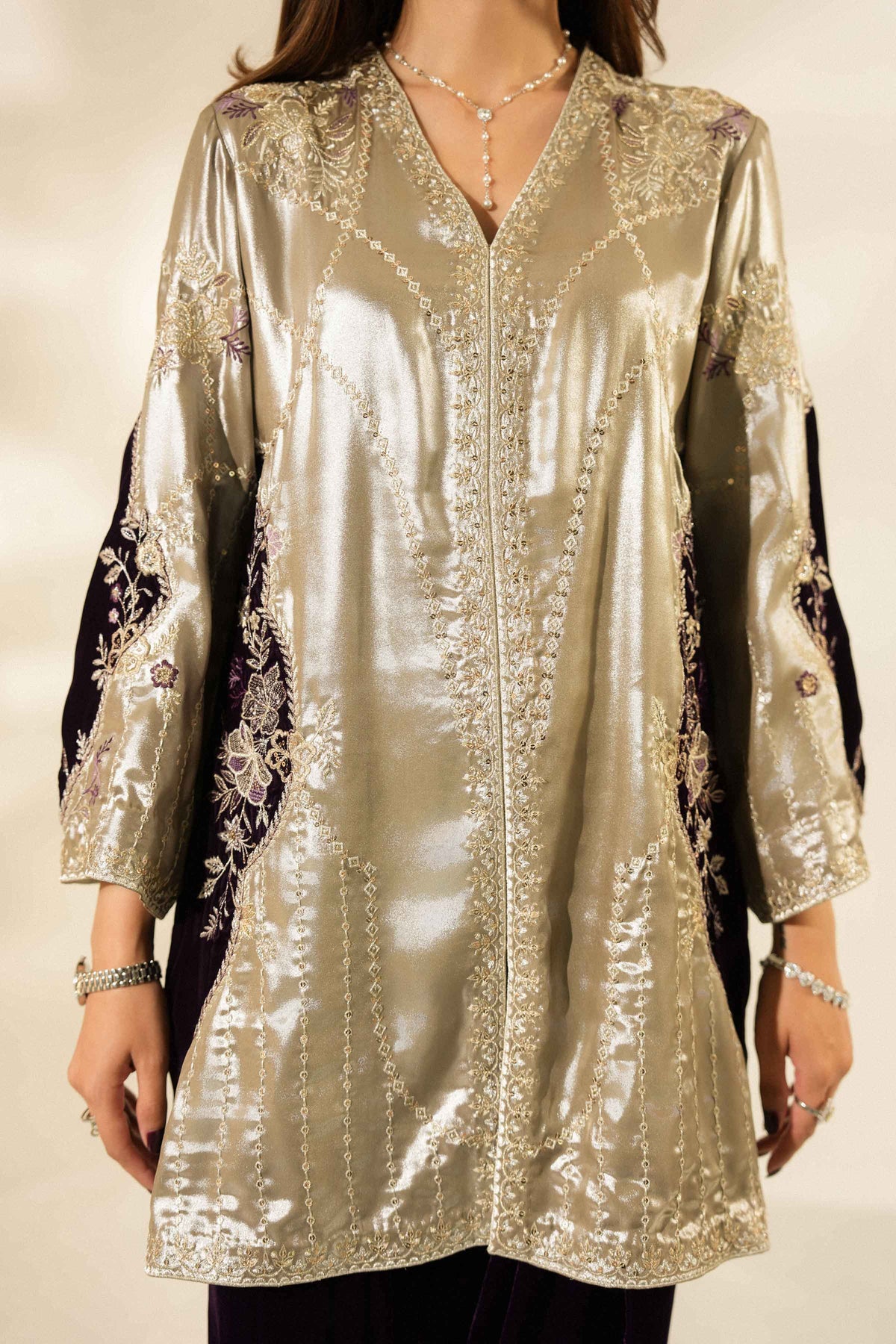 Nishat UK - Grey Embroidered Tissue Silk + Velvet 2 Pieces ready to wear luxury Dress