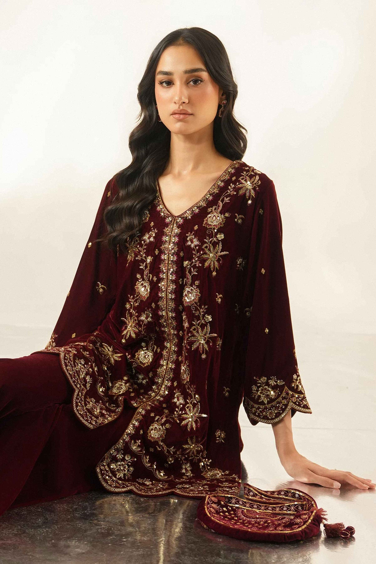 Nishat UK - Red Embroidered Velvet 2 Pieces ready to wear Dress