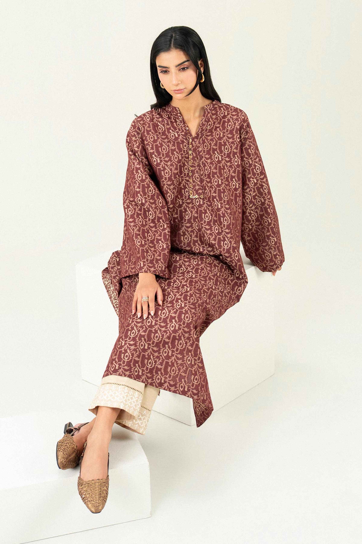 Nishat UK - Brown Printed Jacquard 1 Piece ready to wear Shirt