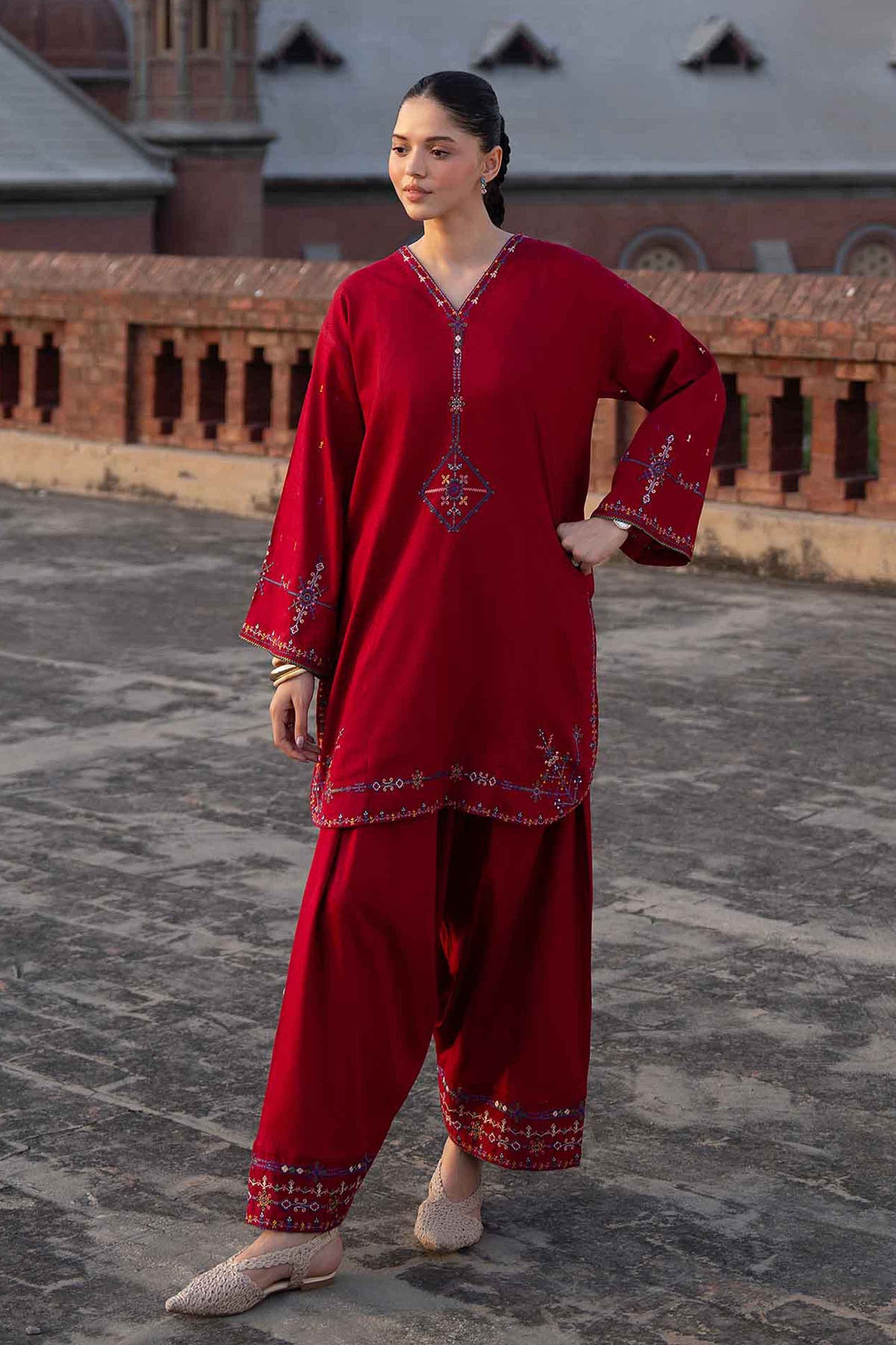 Nishat UK - Red Embroidered Dobby 2 Pieces ready to wear Dress