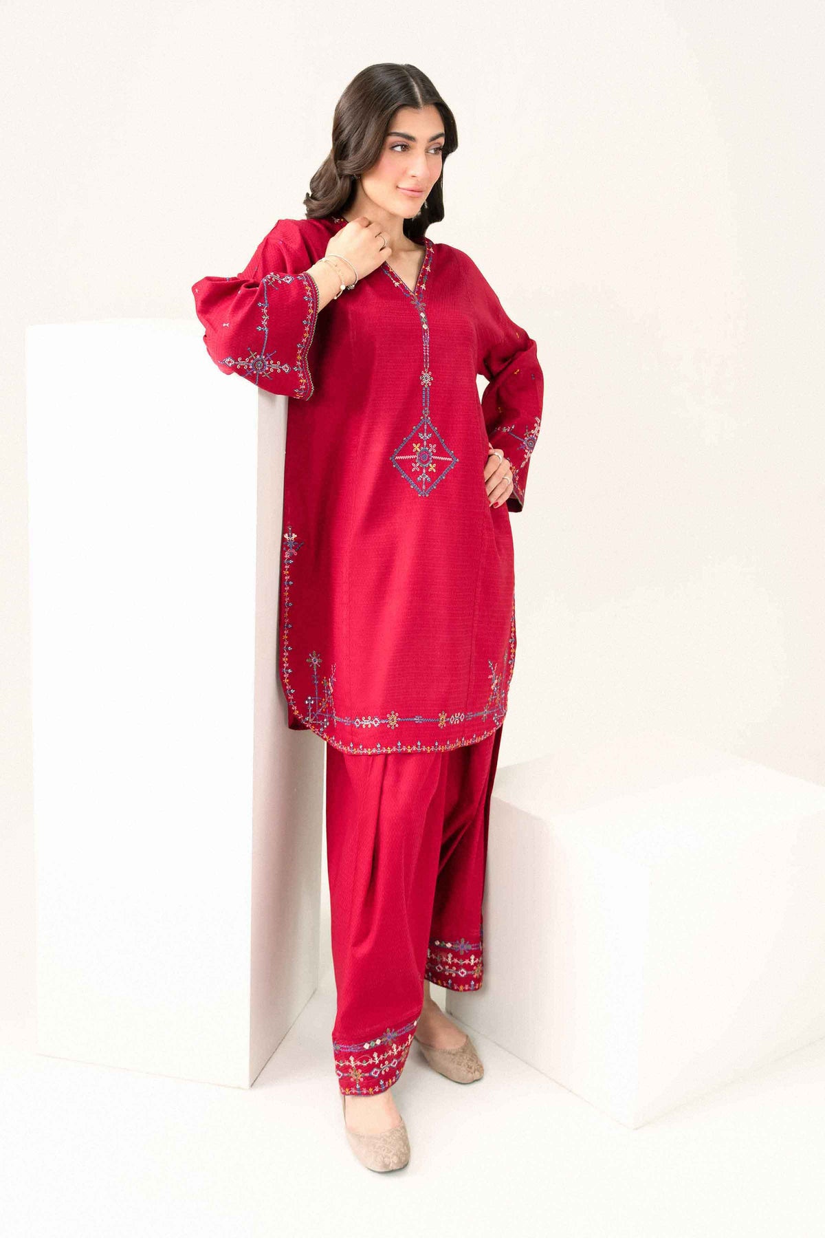 Nishat UK - Red Embroidered Dobby 2 Pieces ready to wear Dress