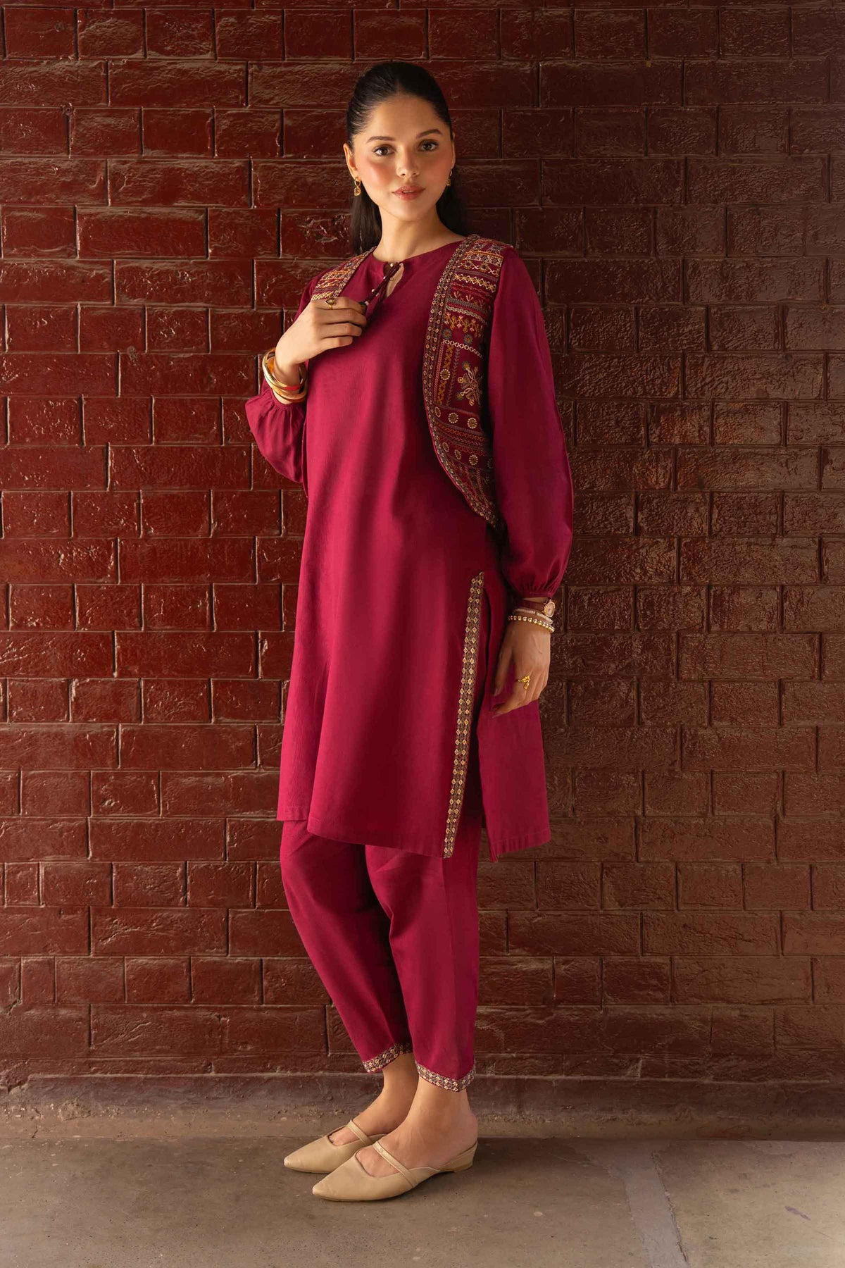 Nishat UK - Magenta Embroidered Khaddar 3 Pieces ready to wear Suit