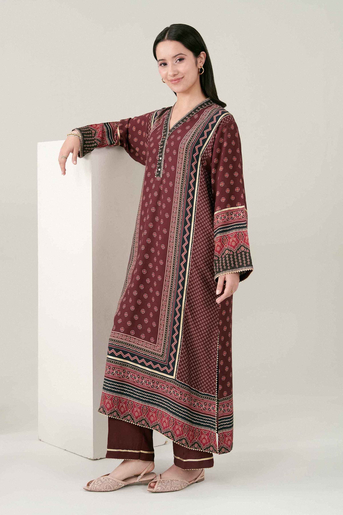 Nishat UK - Maroon Printed Linen 2 Pieces ready to wear Dress