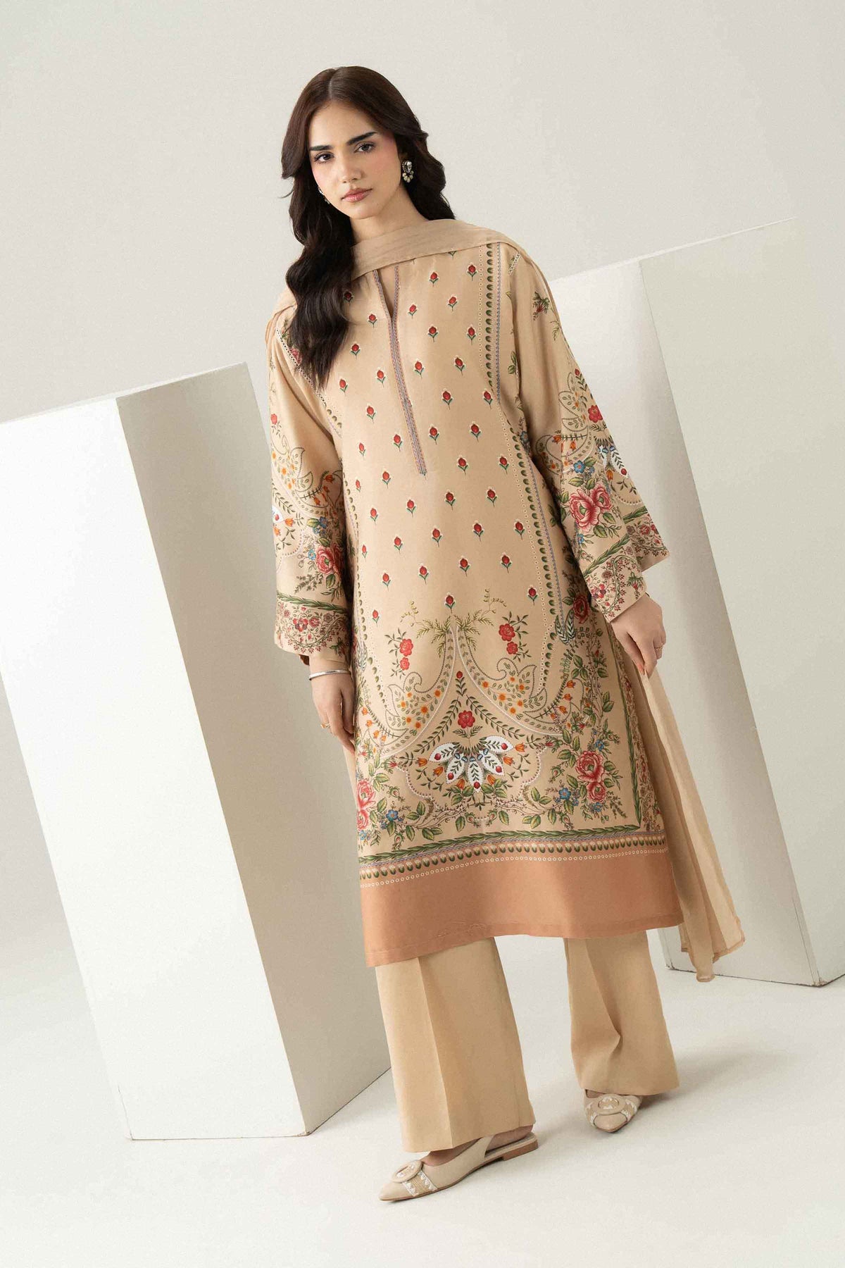 Nishat UK - Beige Printed Satin 3 Pieces ready to wear Suit