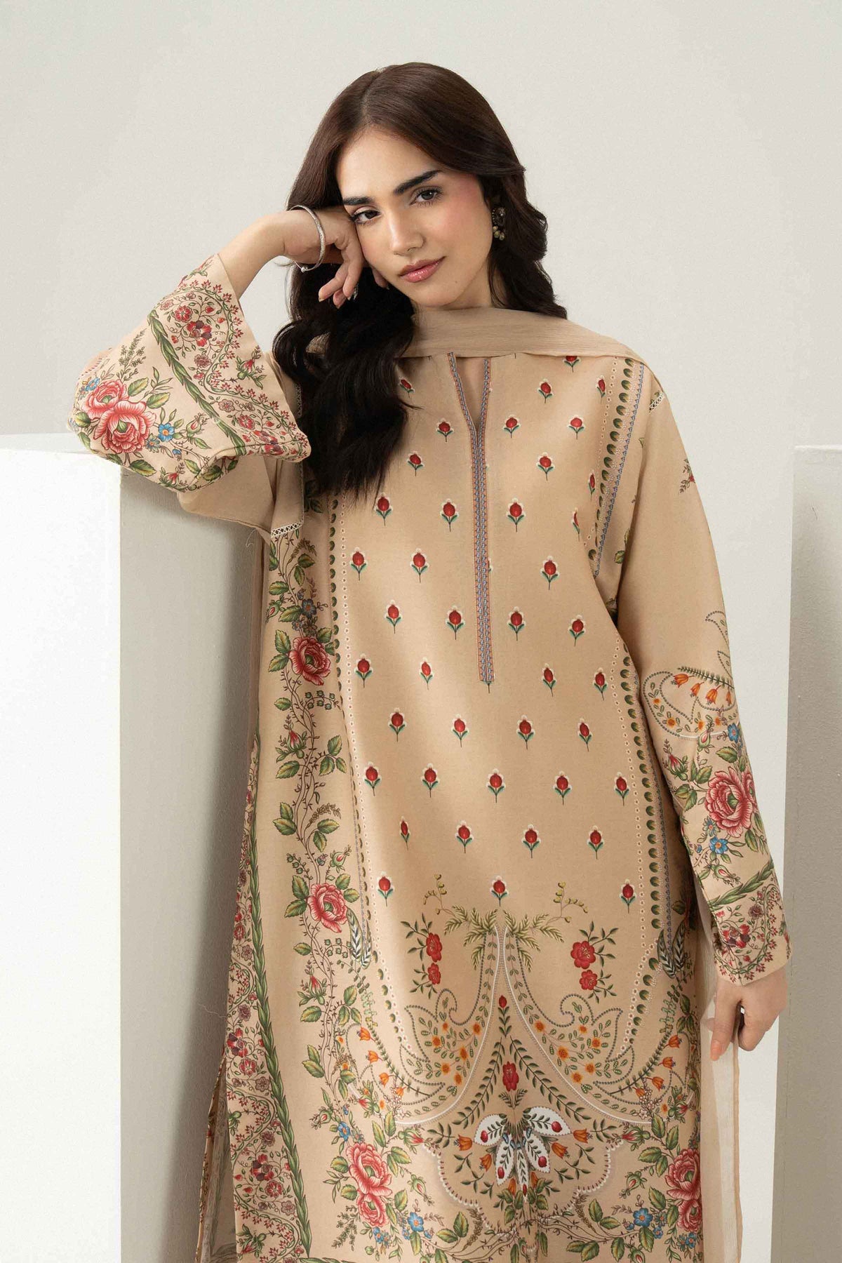 Nishat UK - Beige Printed Satin 3 Pieces ready to wear Suit