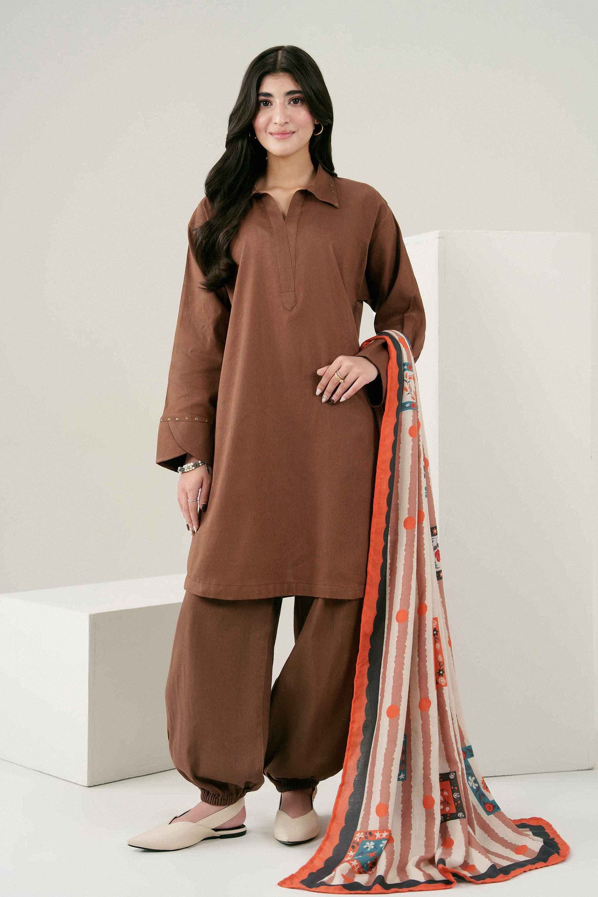 Nishat UK - Brown Printed Khaddar 3 Pieces ready to wear Suit