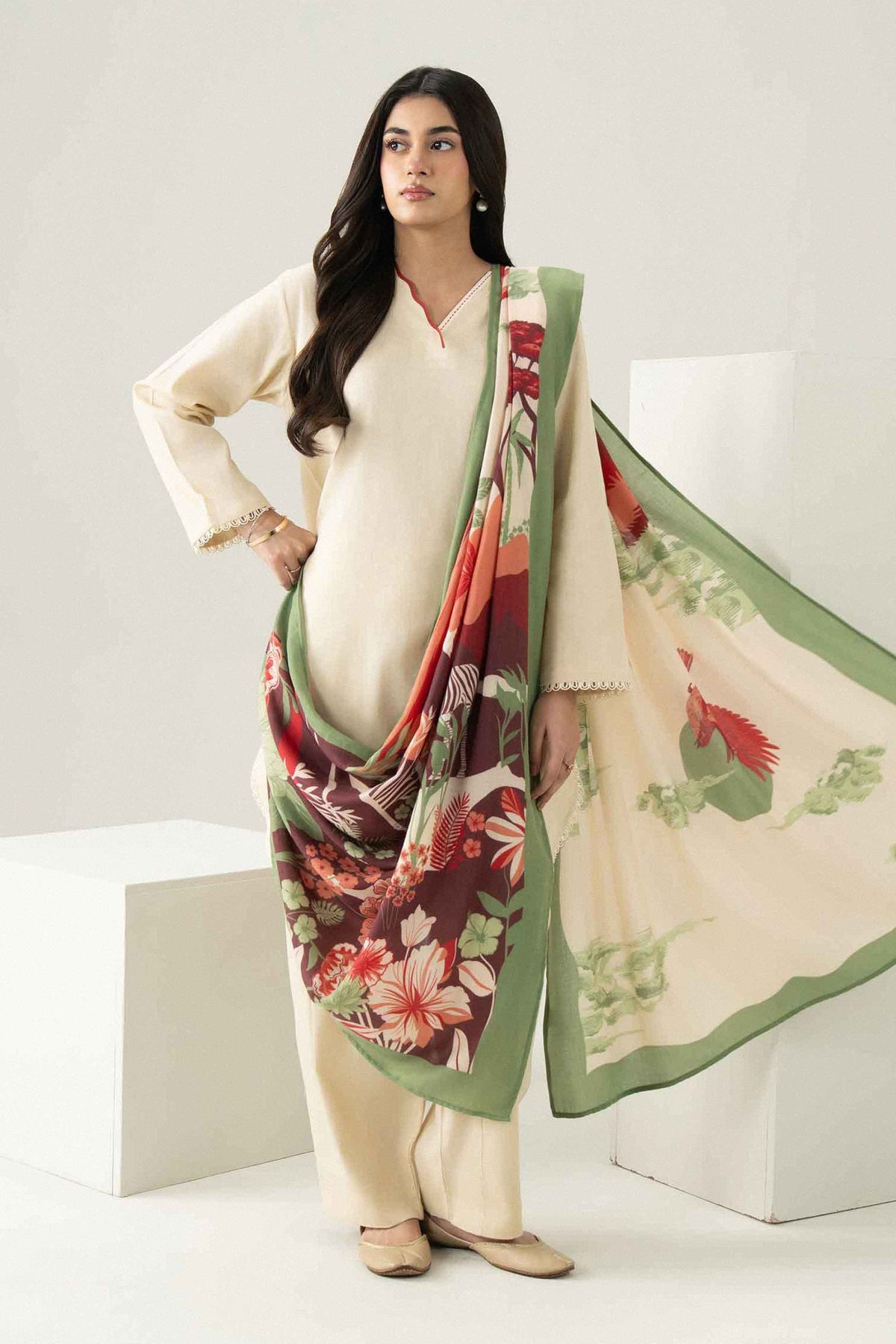 Nishat UK - Off White Printed Khaddar 3 Pieces ready to wear