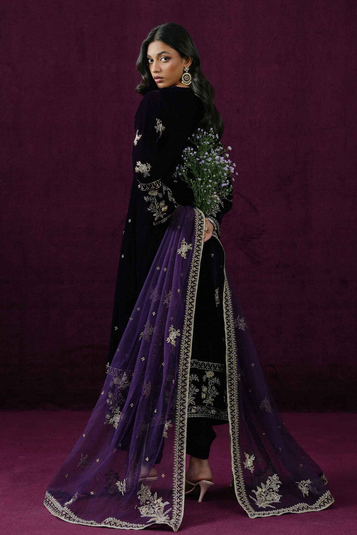 Nishat UK - Purple Embroidered Velvet 3 Pieces ready to wear Suit
