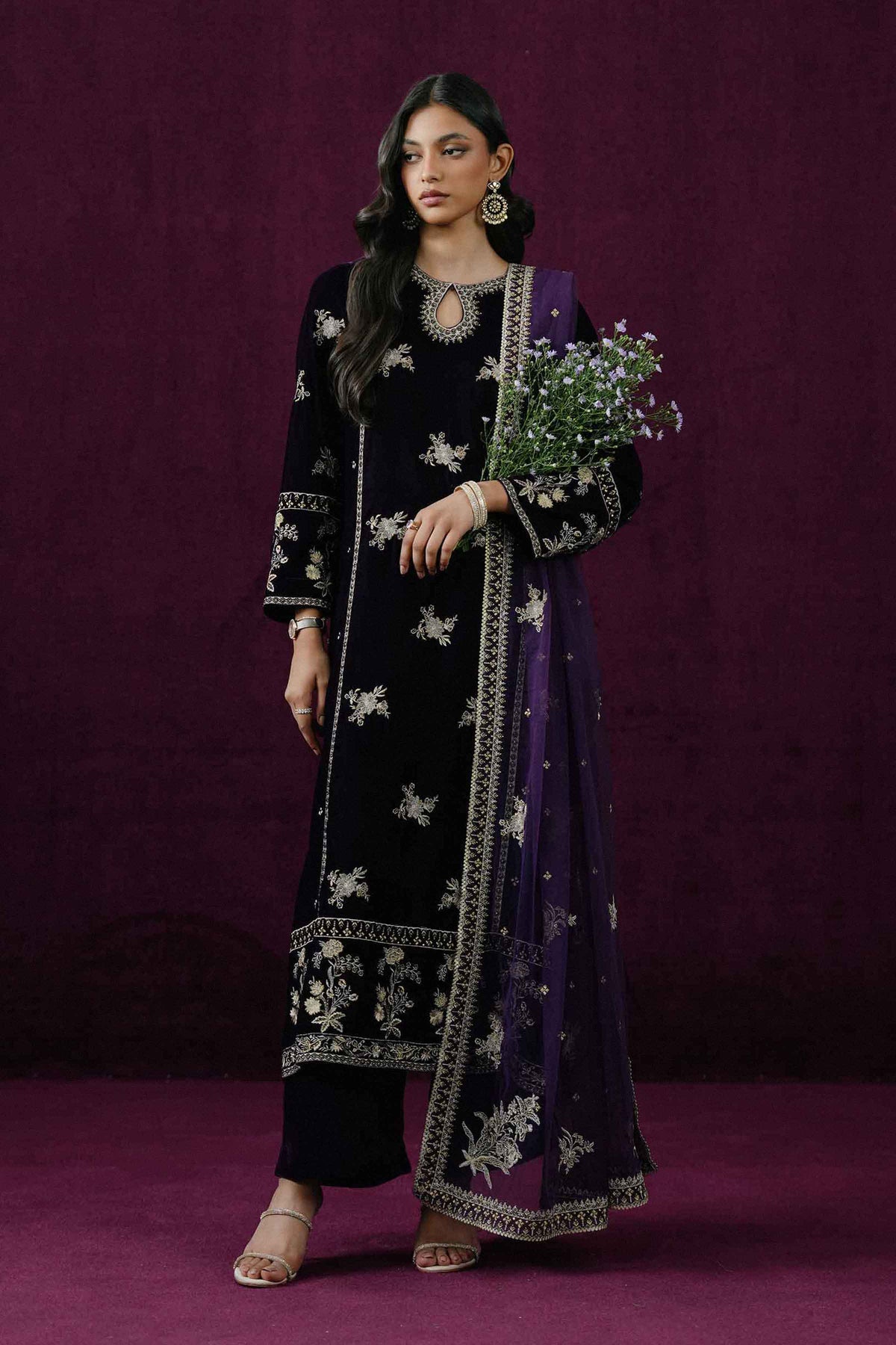 Nishat UK - Purple Embroidered Velvet 3 Pieces ready to wear Suit