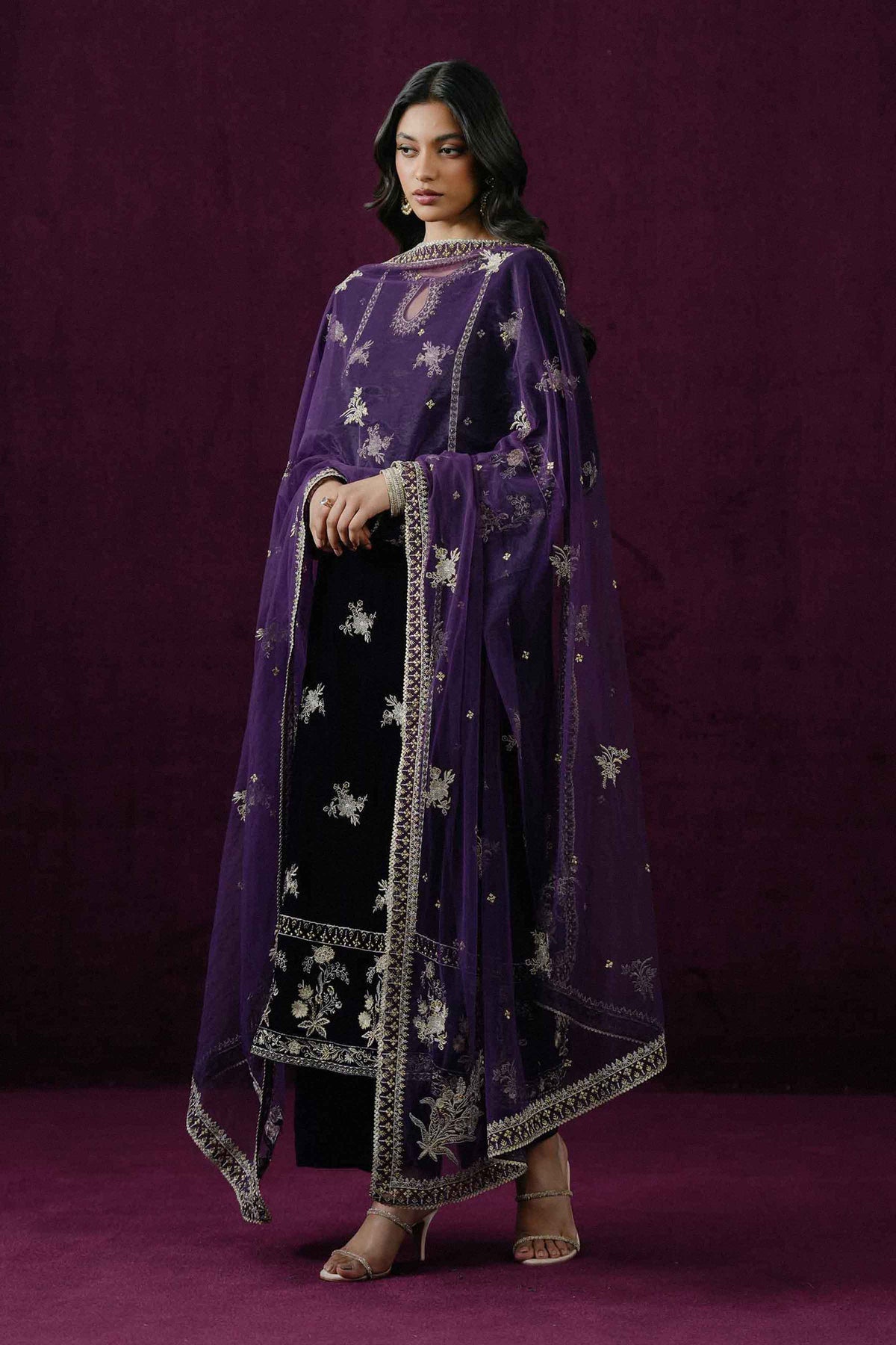 Nishat UK - Purple Embroidered Velvet 3 Pieces ready to wear Suit
