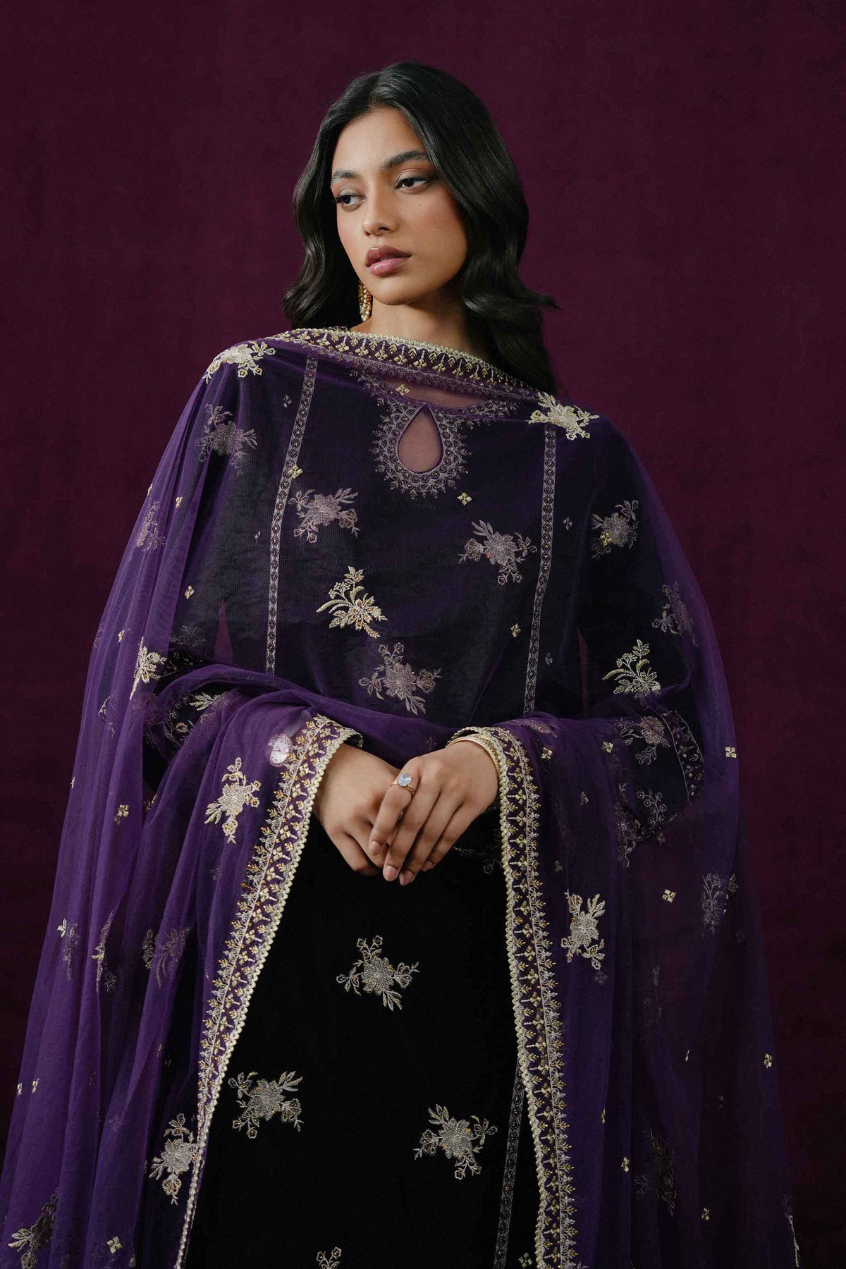 Nishat UK - Purple Embroidered Velvet 3 Pieces ready to wear Suit