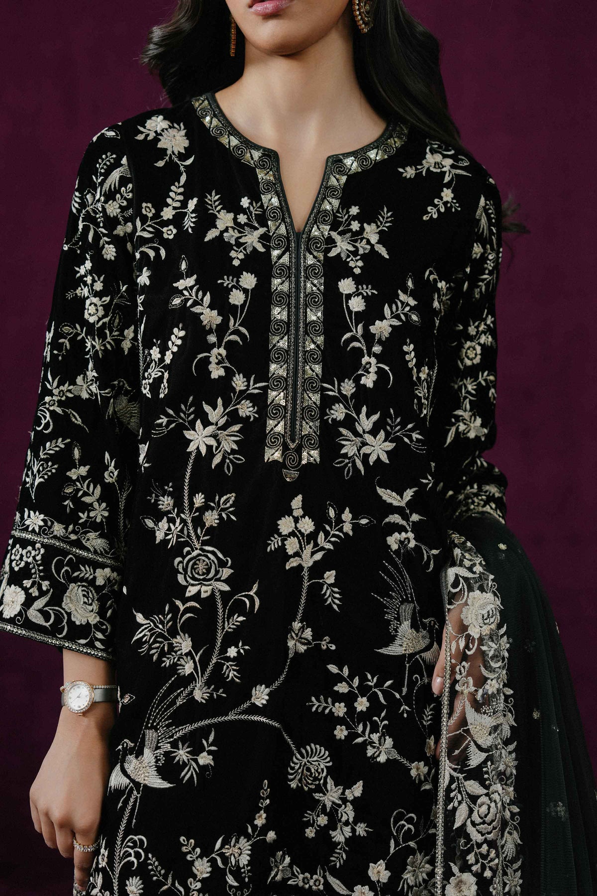 Nishat UK - Black Embroidered Velvet 3 Pieces ready to wear Suit