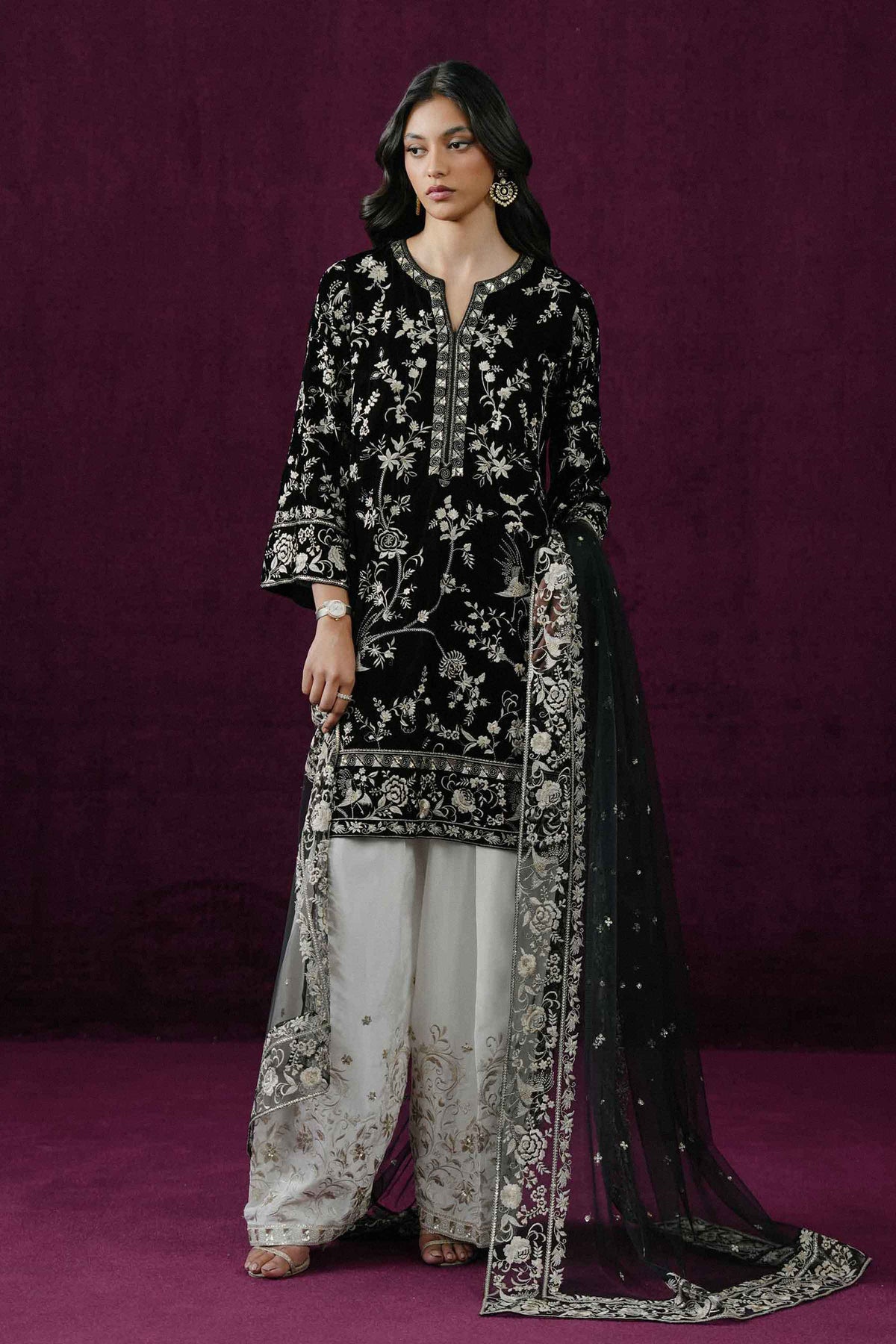 Nishat UK - Black Embroidered Velvet 3 Pieces ready to wear Suit