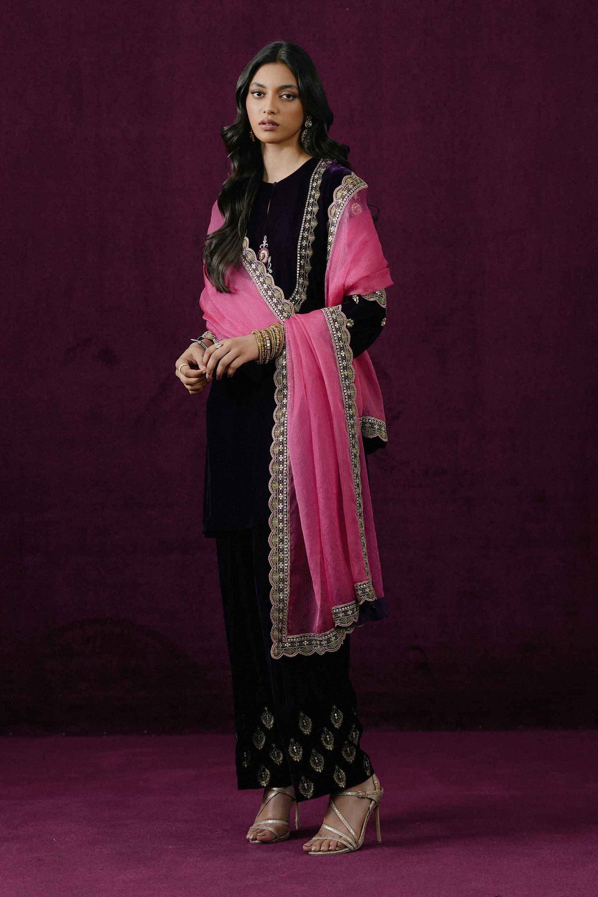 Nishat UK - Purple Embroidered Velvet 3 Pieces ready to wear Suit