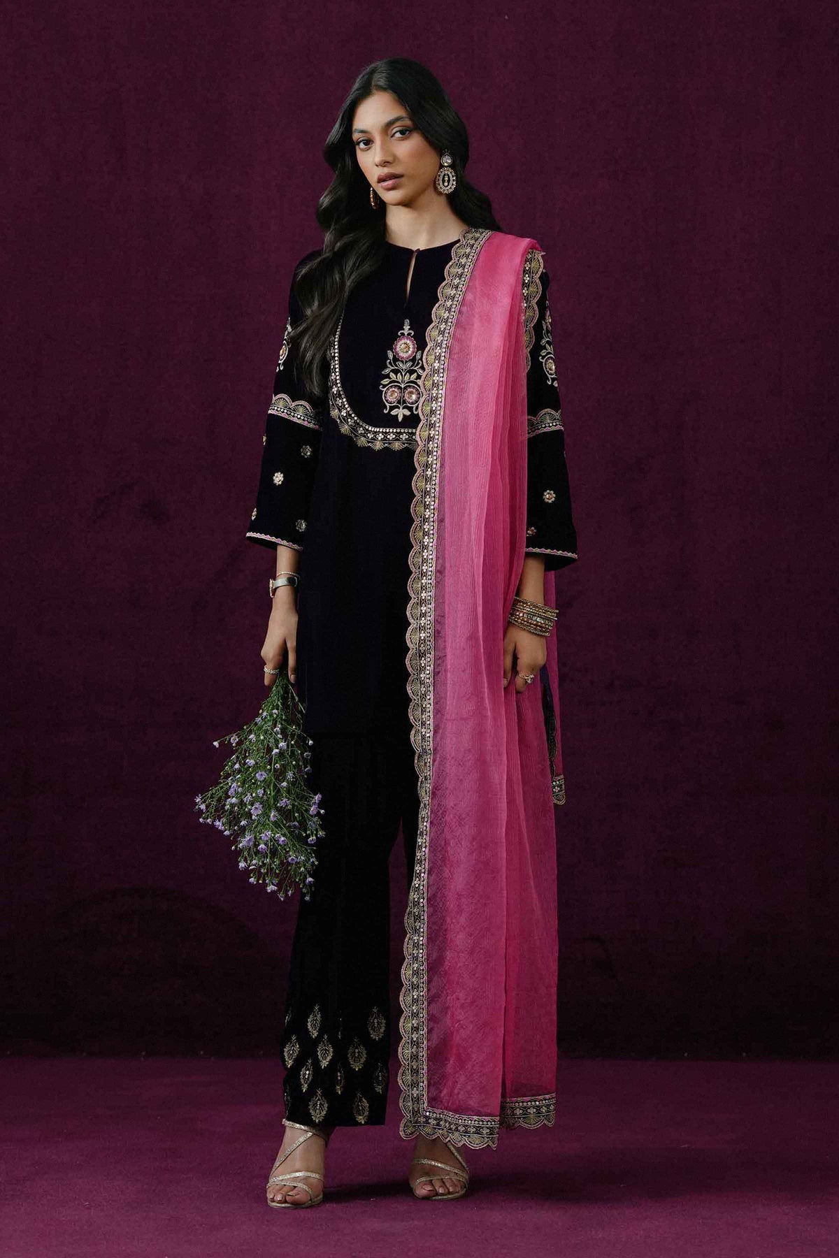 Nishat UK - Purple Embroidered Velvet 3 Pieces ready to wear Suit