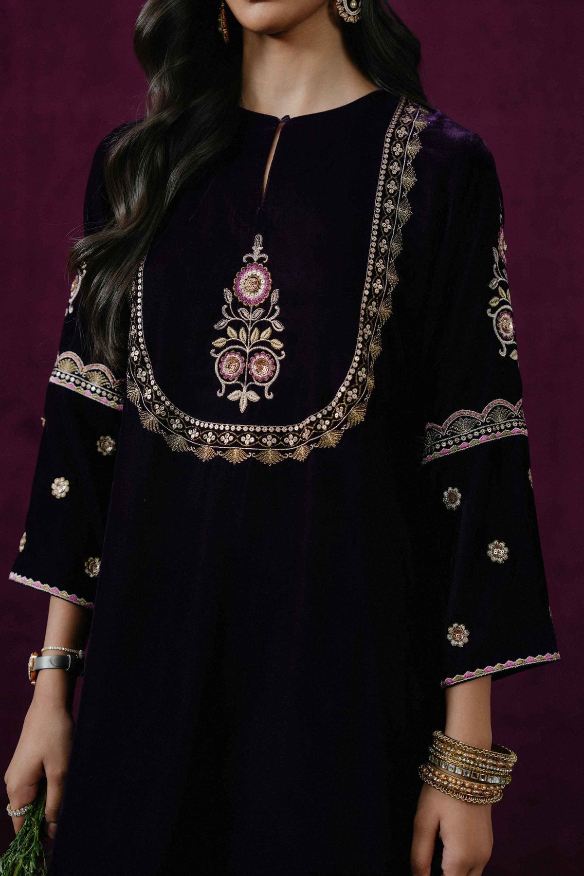 Nishat UK - Purple Embroidered Velvet 3 Pieces ready to wear Suit