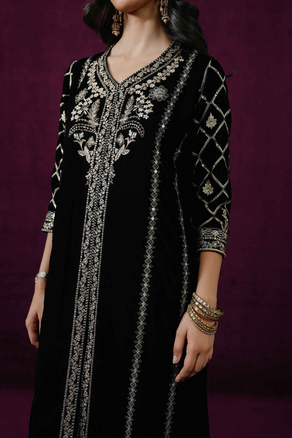 Nishat UK - Black Embroidered Velvet 3 Pieces ready to wear Suit