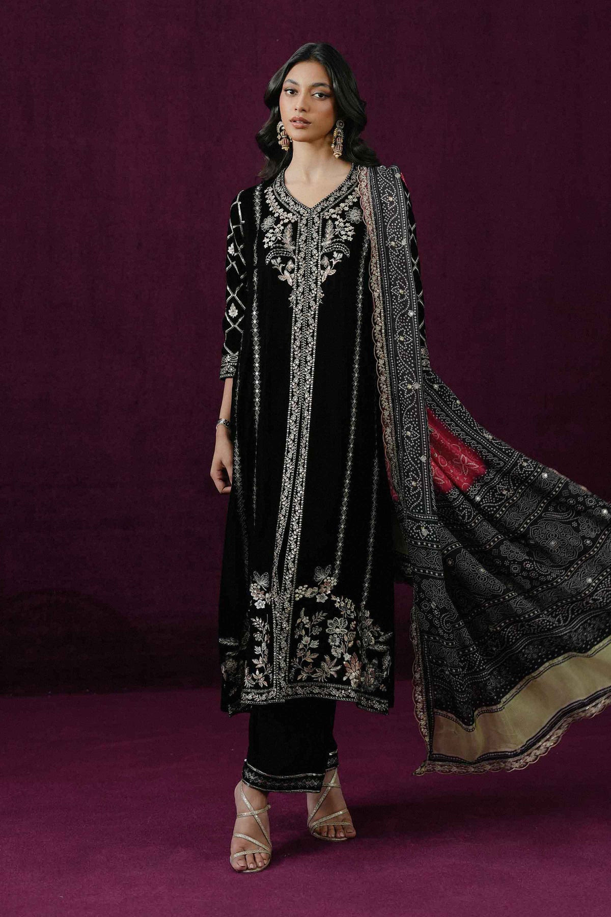 Nishat UK - Black Embroidered Velvet 3 Pieces ready to wear Suit