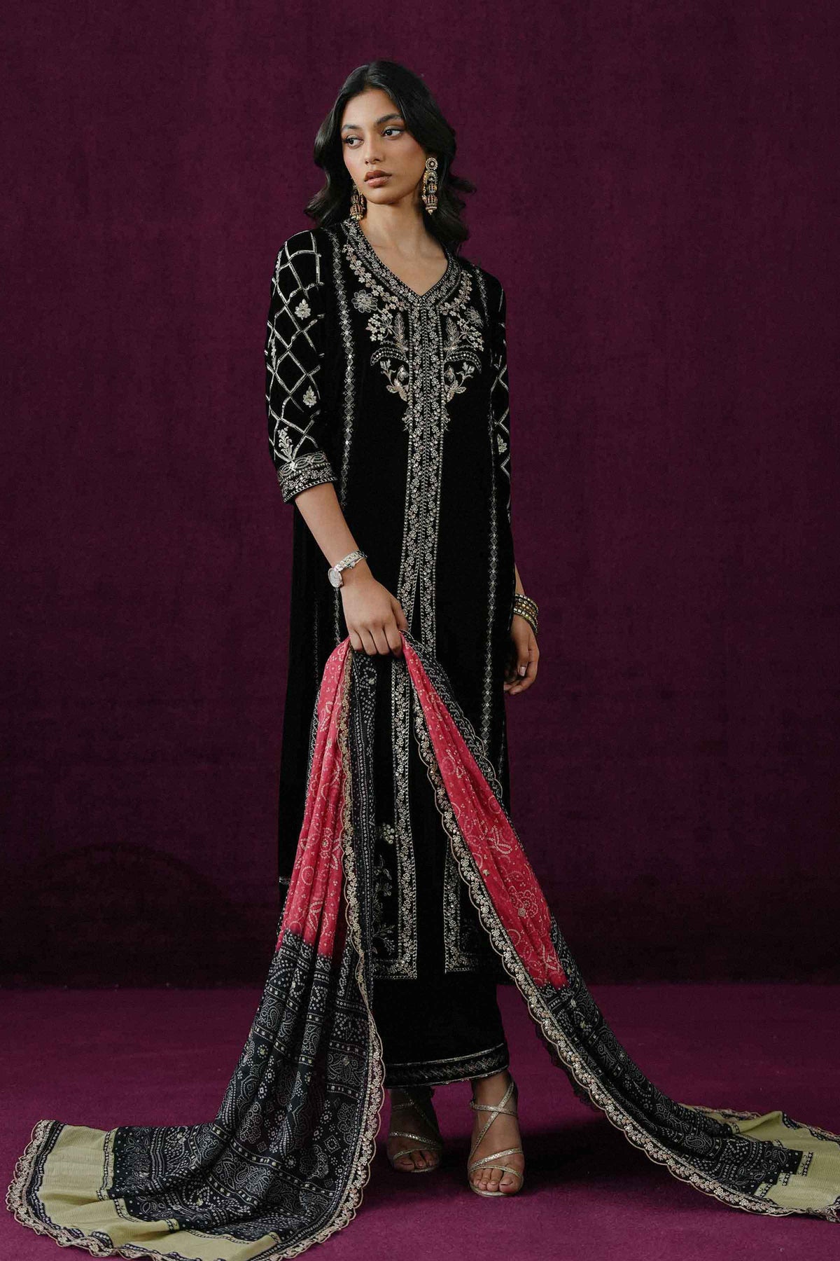 Nishat UK - Black Embroidered Velvet 3 Pieces ready to wear Suit