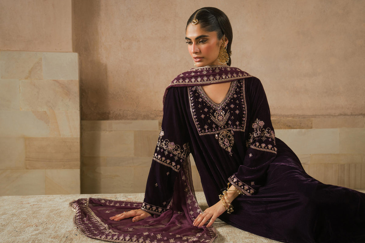 Nishat UK - Purple Embroidered Velvet 3 Pieces ready to wear luxury Suit