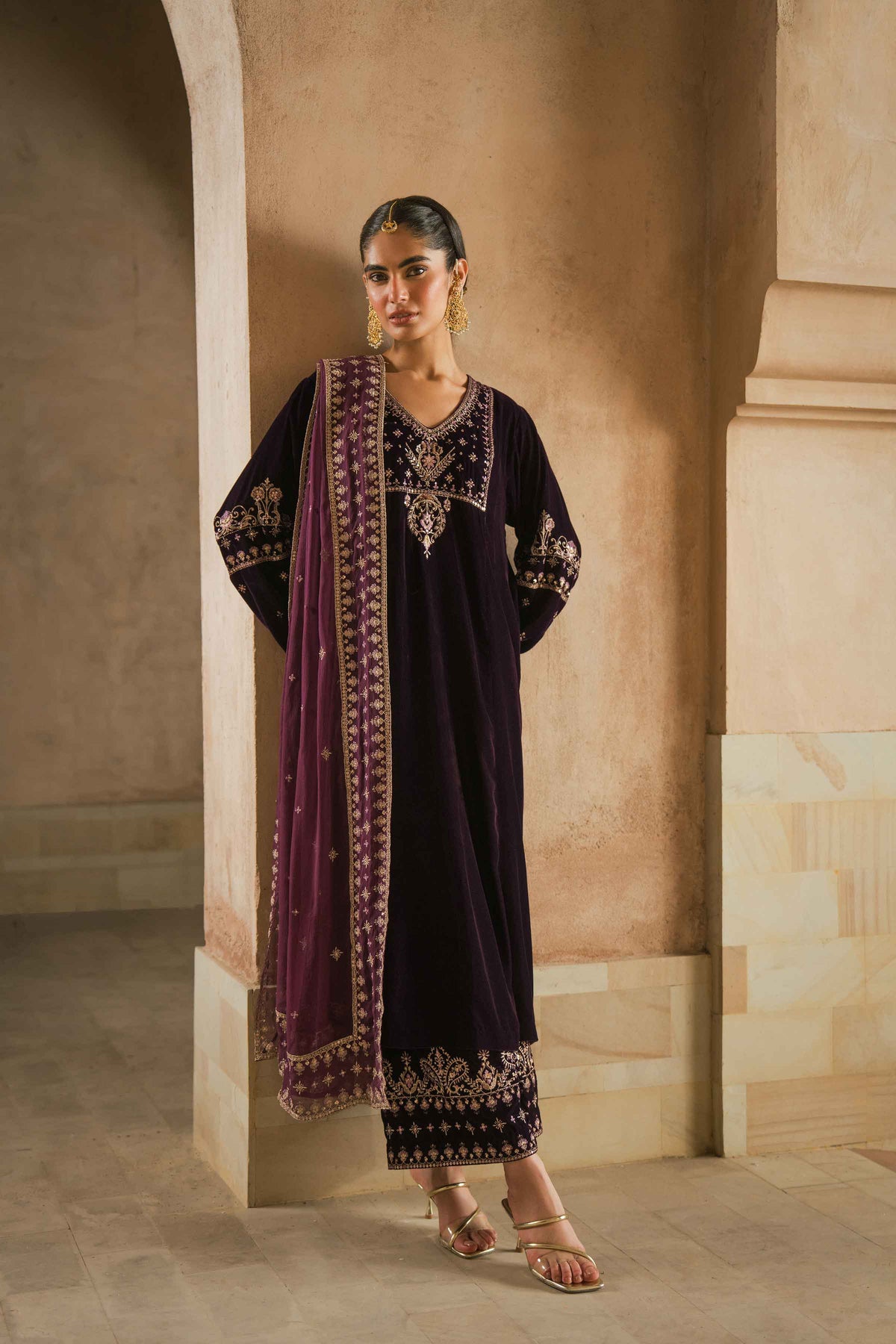 Nishat UK - Purple Embroidered Velvet 3 Pieces ready to wear luxury Suit