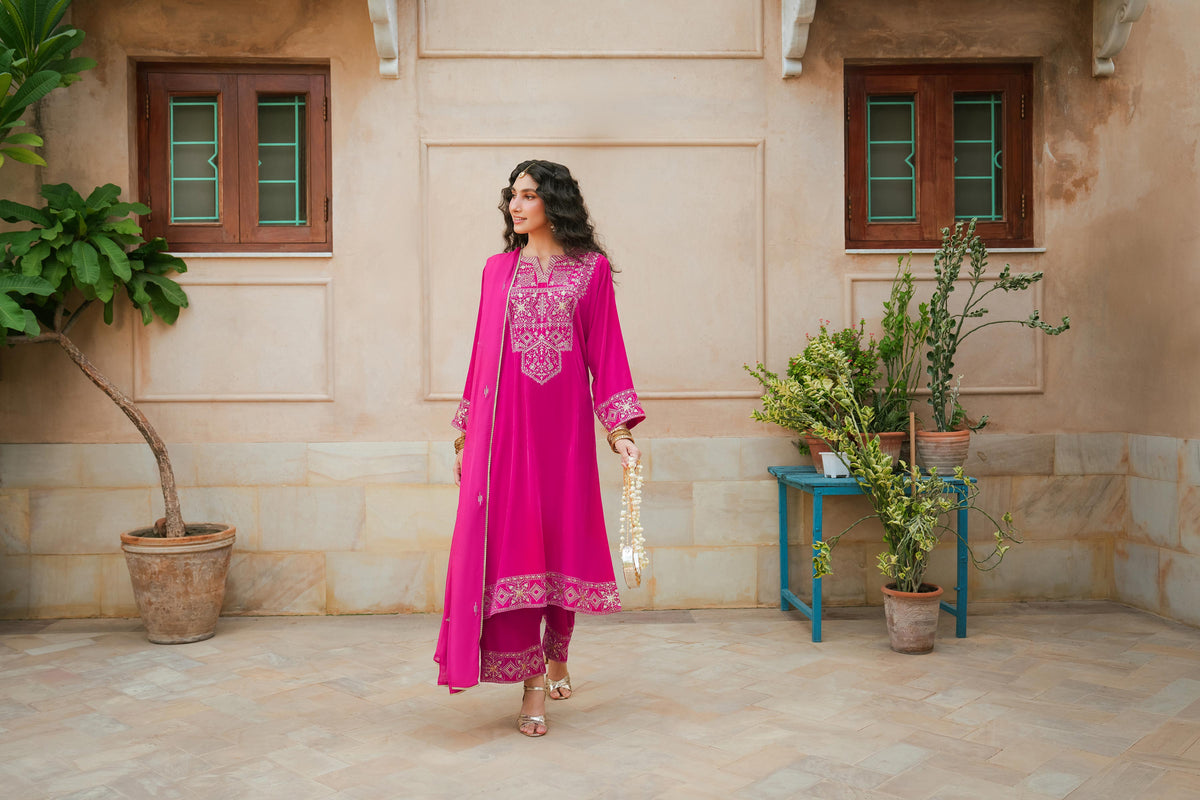 Nishat UK - Pink Embroidered Velvet 3 Pieces ready to wear Suit