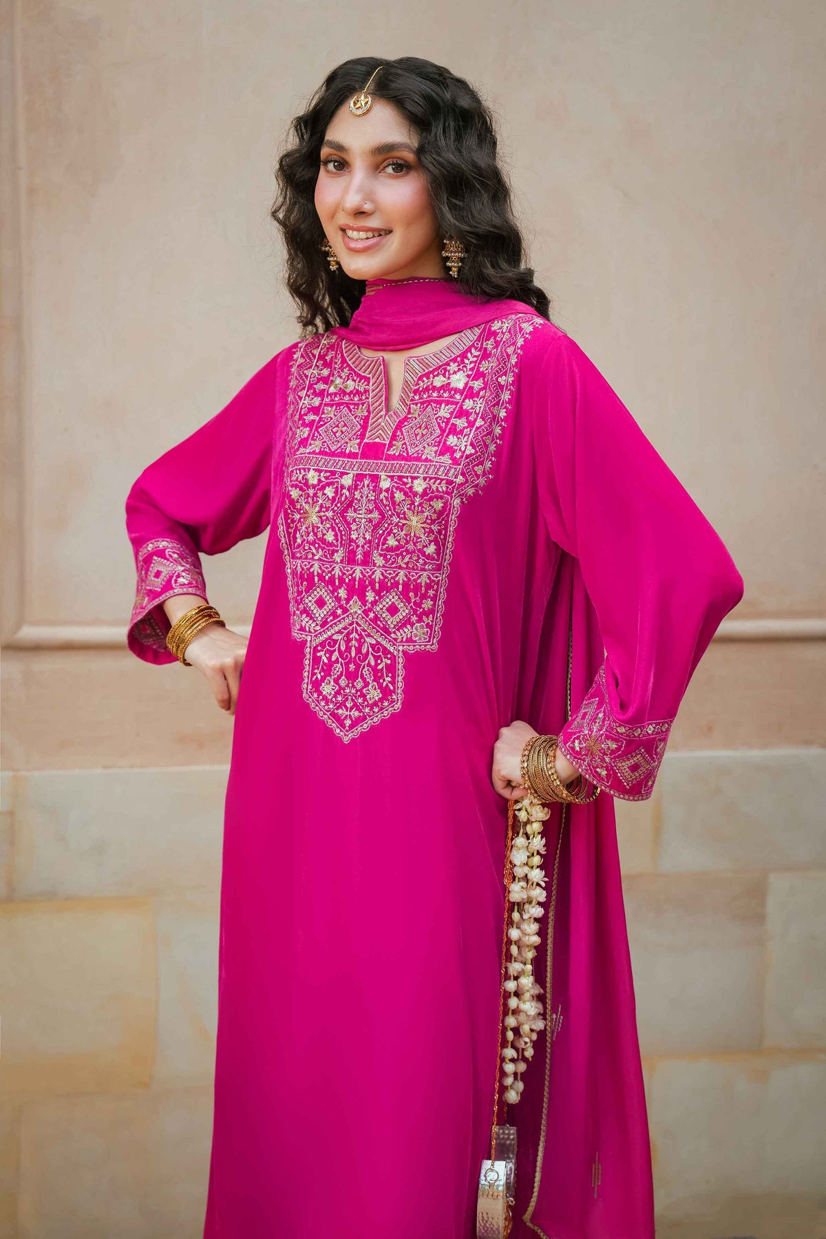 Nishat UK - Pink Embroidered Velvet 3 Pieces ready to wear Suit