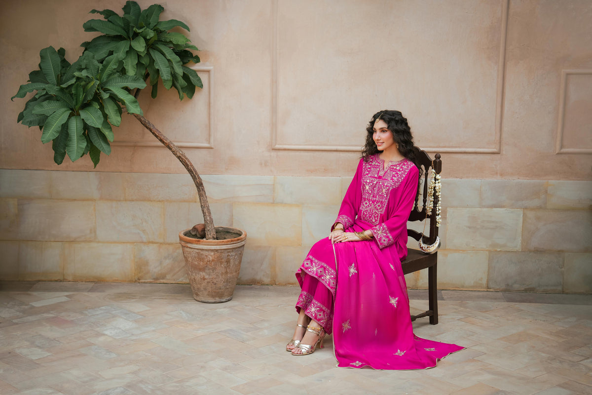 Nishat UK - Pink Embroidered Velvet 3 Pieces ready to wear Suit