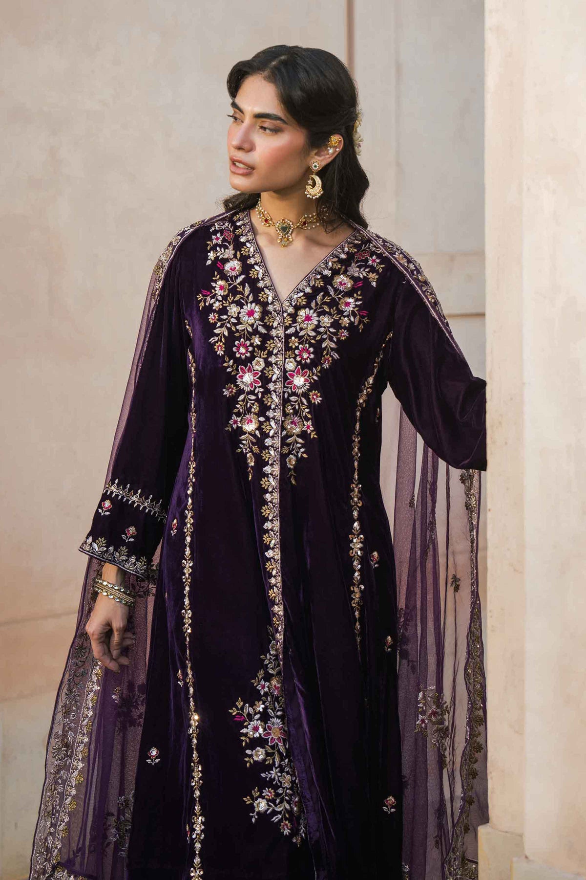 Nishat UK - Plum Embroidered Velvet 3 Pieces ready to wear luxury Suit