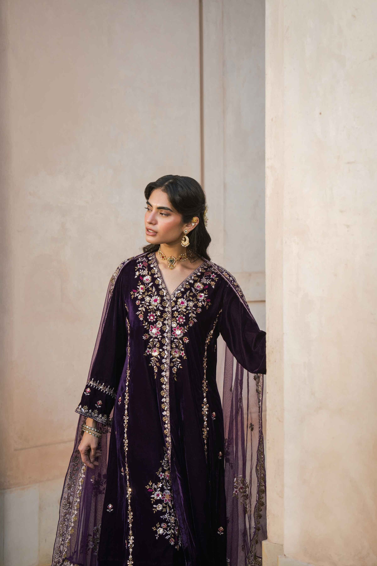 Nishat UK - Plum Embroidered Velvet 3 Pieces ready to wear luxury Suit