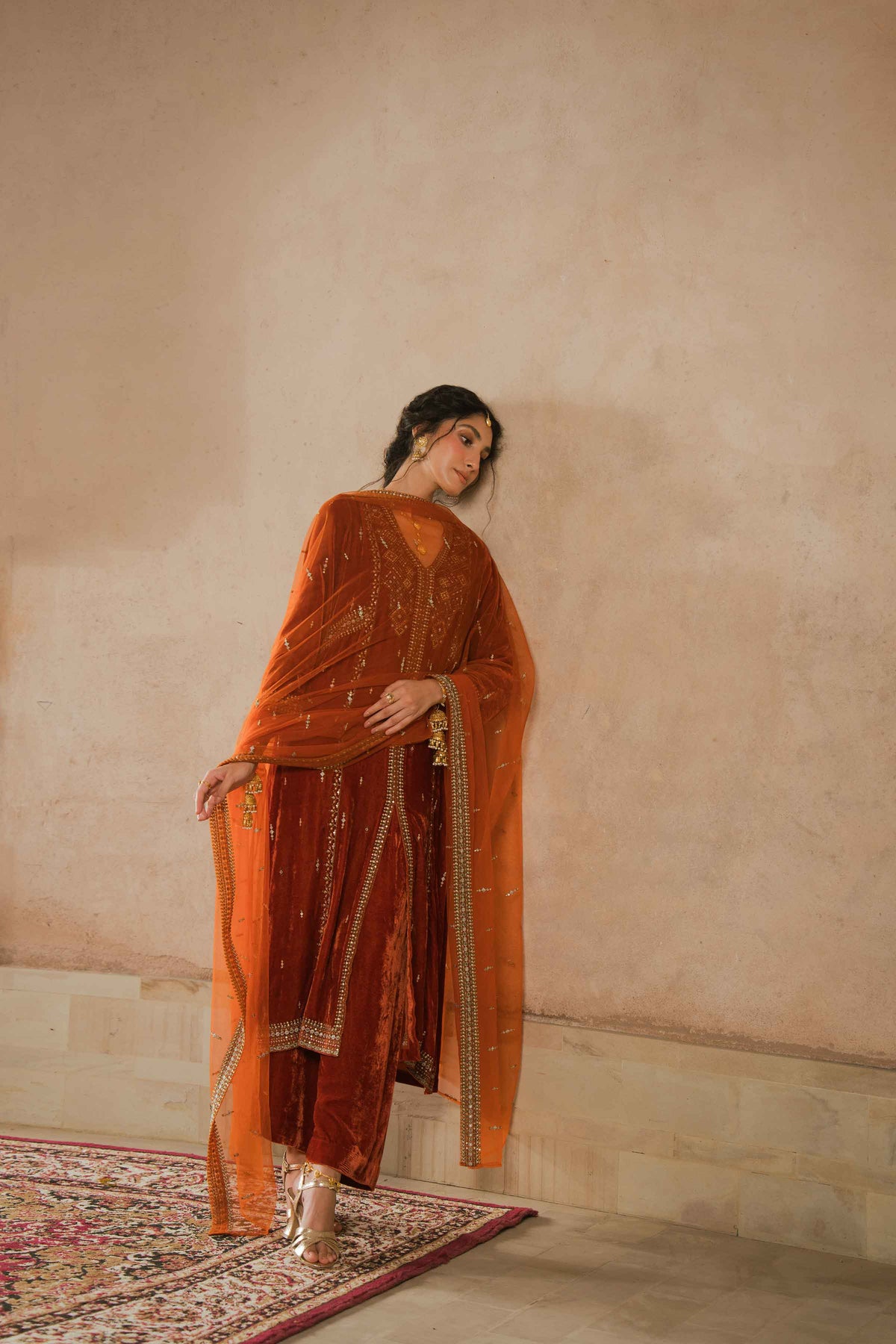Nishat UK - Burnt Orange Embroidered Velvet 3 Pieces ready to wear luxury Suit
