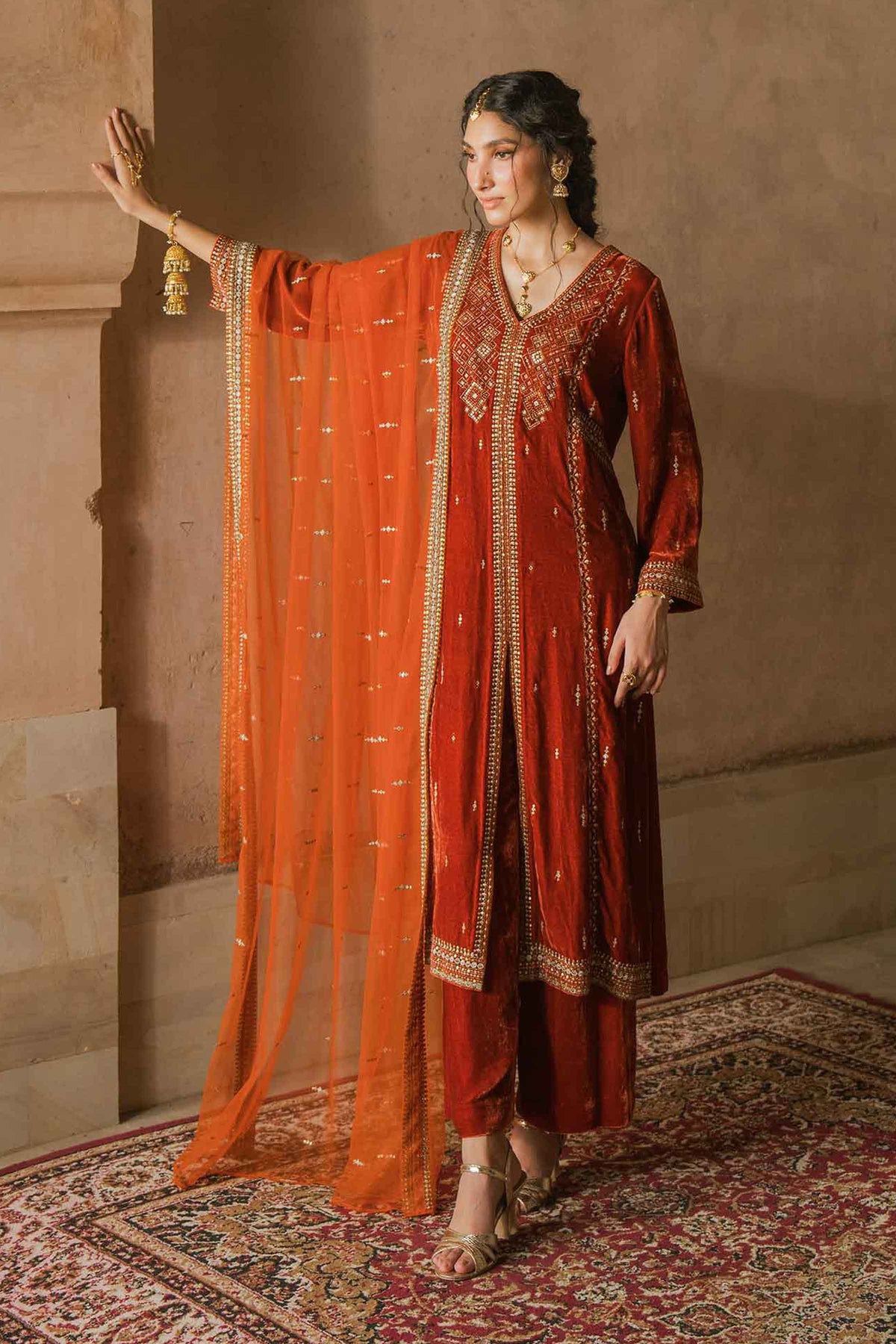 Nishat UK - Burnt Orange Embroidered Velvet 3 Pieces ready to wear luxury Suit