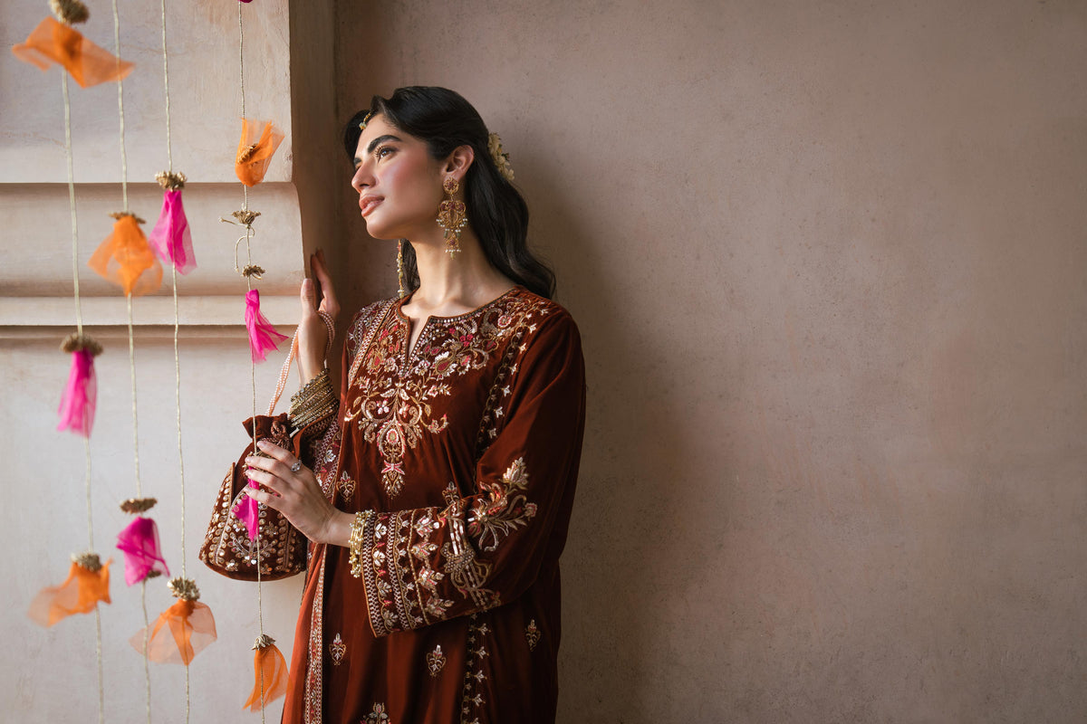 Nishat UK - Brown Embroidered Velvet 3 Pieces ready to wear luxury Suit