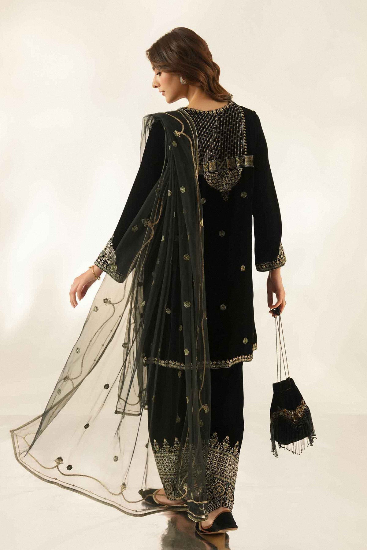 Nishat UK - Black Embroidered Velvet 3 Pieces ready to wear Suit