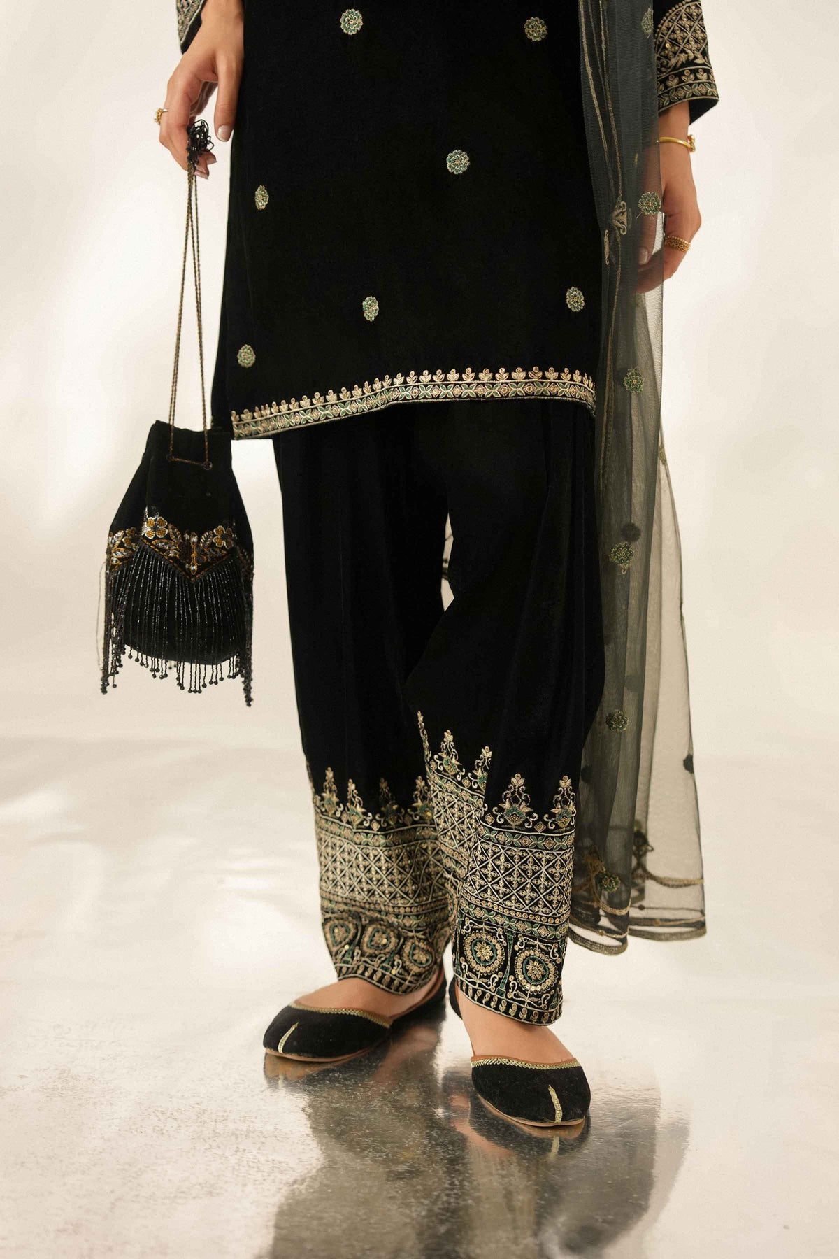 Nishat UK - Black Embroidered Velvet 3 Pieces ready to wear Suit