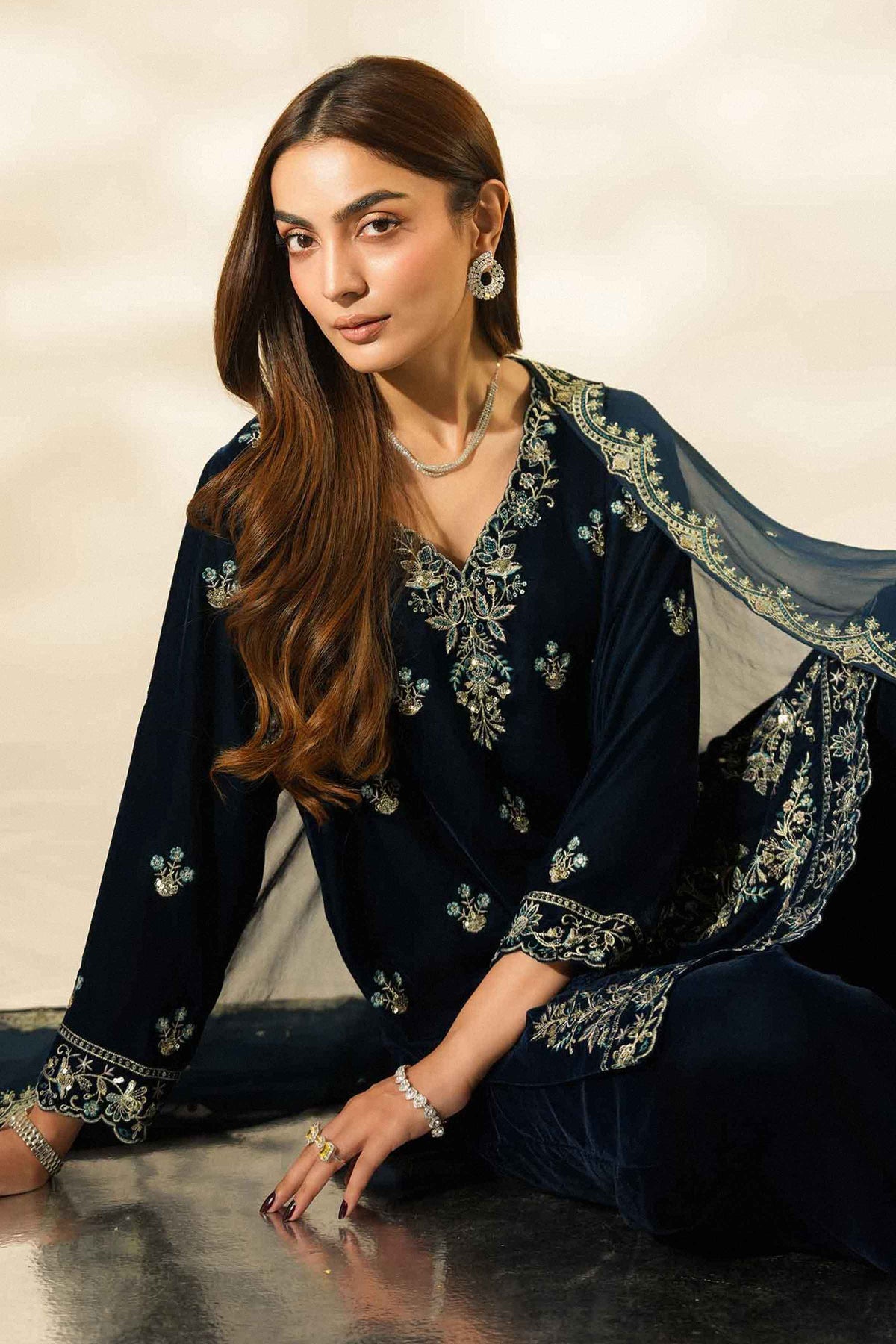 Nishat UK - Blue Embroidered Velvet 3 Pieces ready to wear Suit
