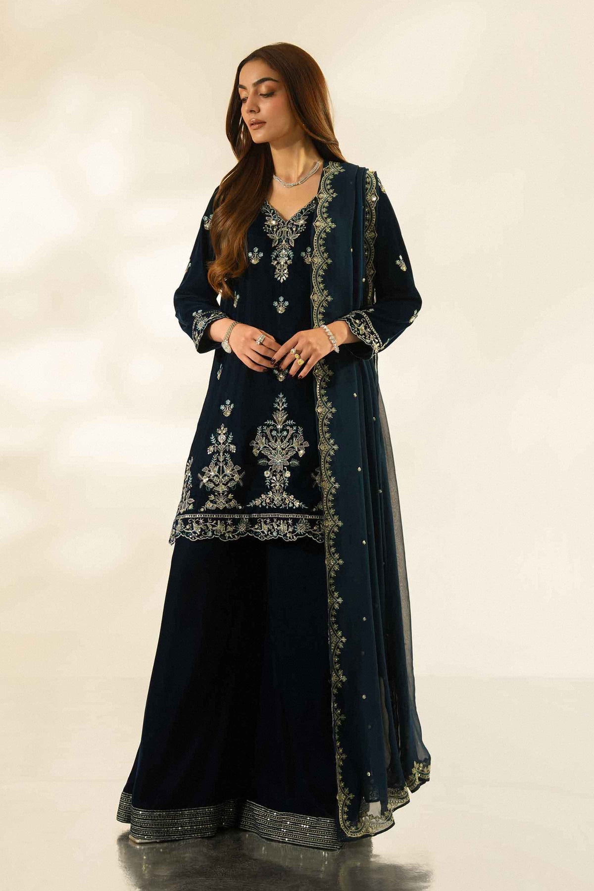 Nishat UK - Blue Embroidered Velvet 3 Pieces ready to wear Suit