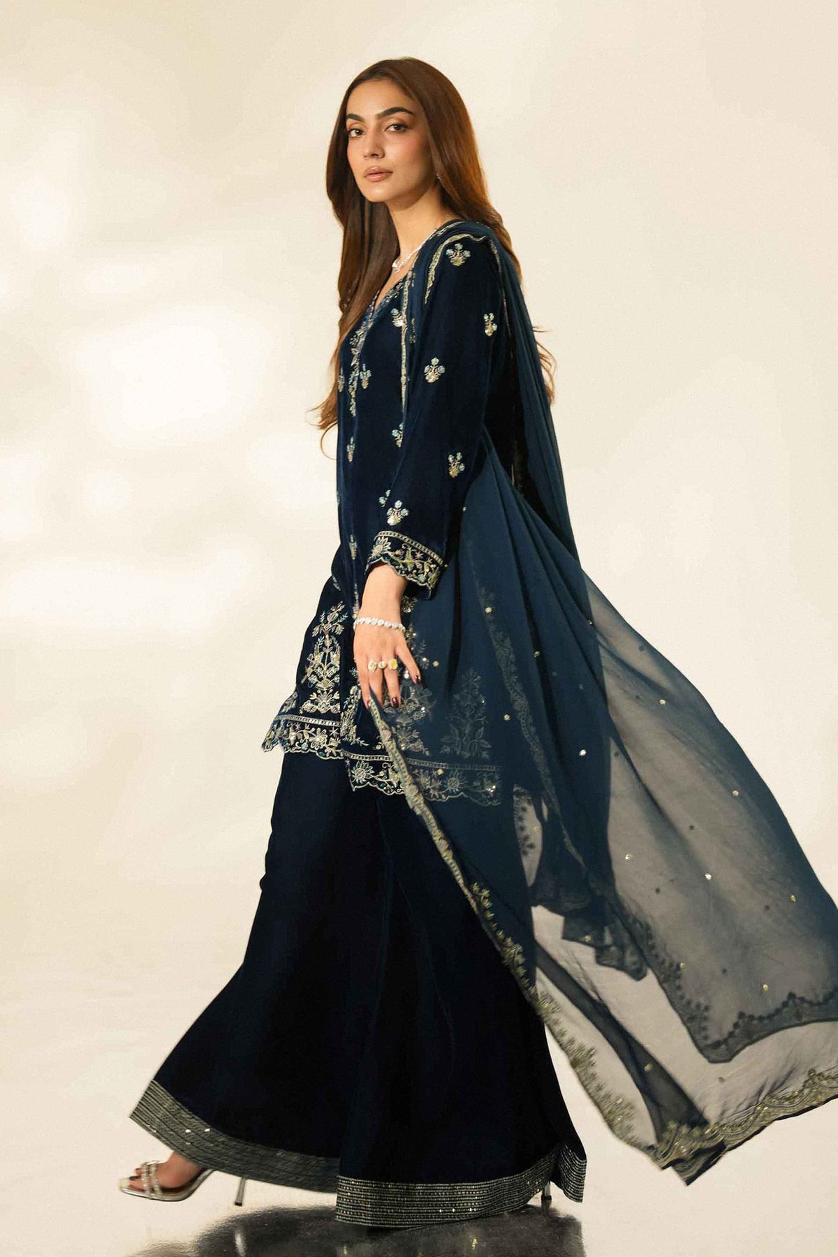 Nishat UK - Blue Embroidered Velvet 3 Pieces ready to wear Suit