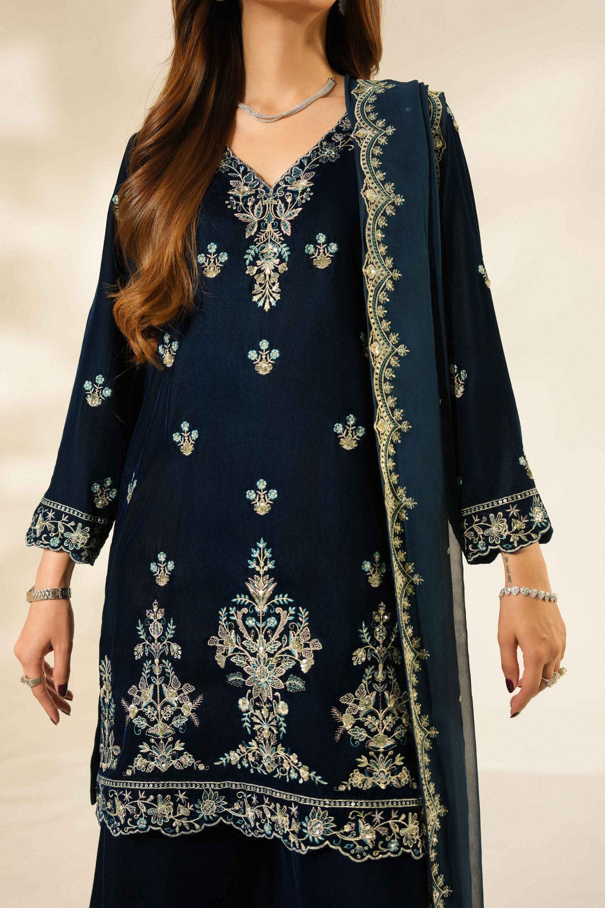 Nishat UK - Blue Embroidered Velvet 3 Pieces ready to wear Suit