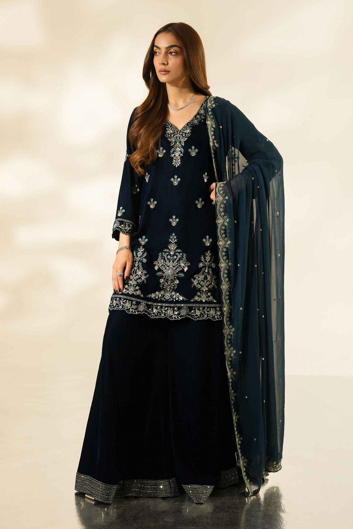Nishat UK - Blue Embroidered Velvet 3 Pieces ready to wear Suit