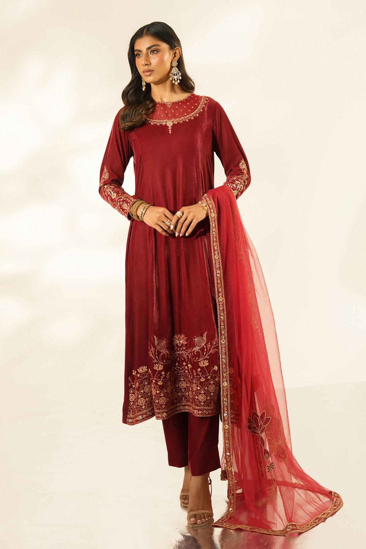 Nishat UK - Red Embroidered Velvet 3 Pieces ready to wear Suit