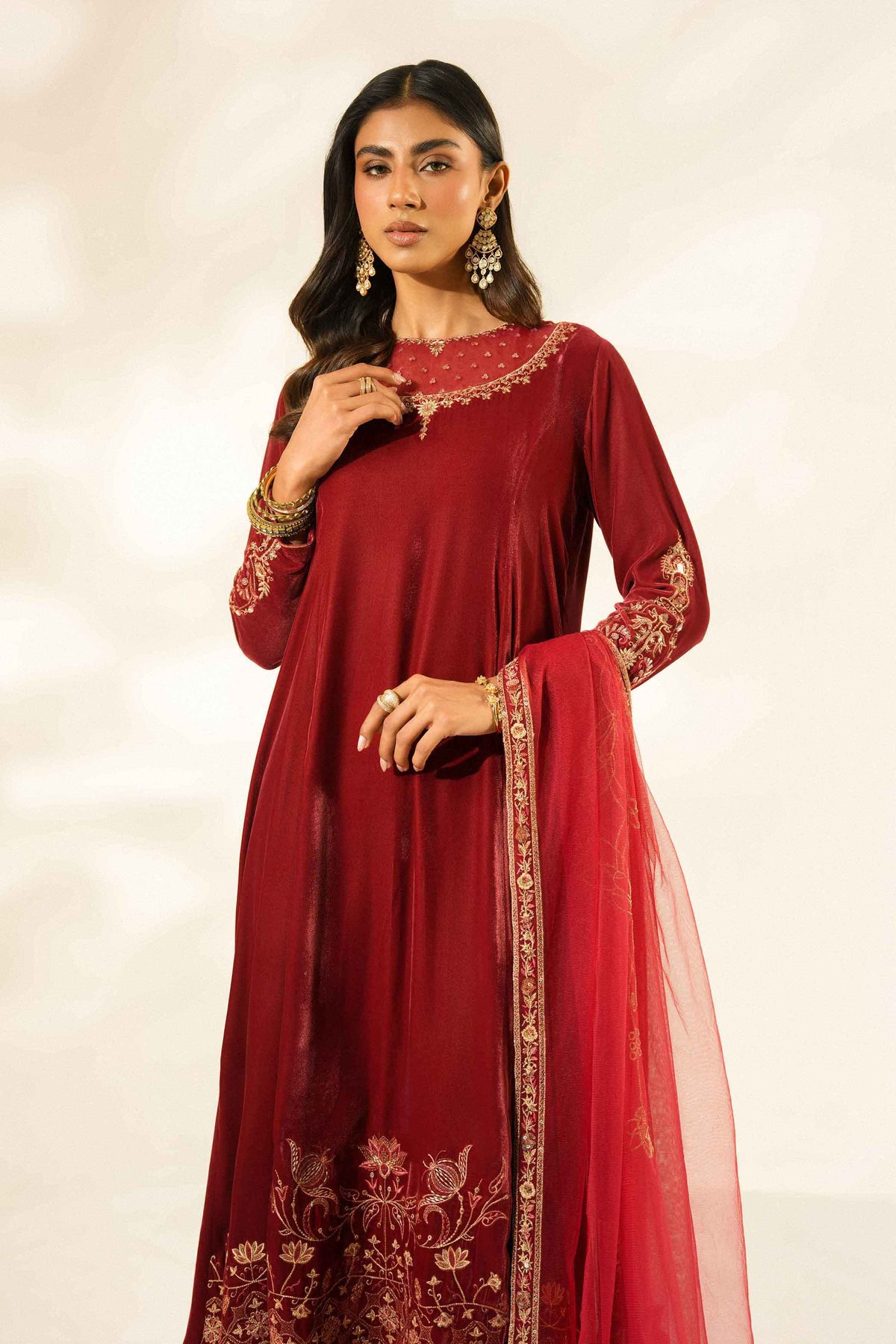 Nishat UK - Red Embroidered Velvet 3 Pieces ready to wear Suit