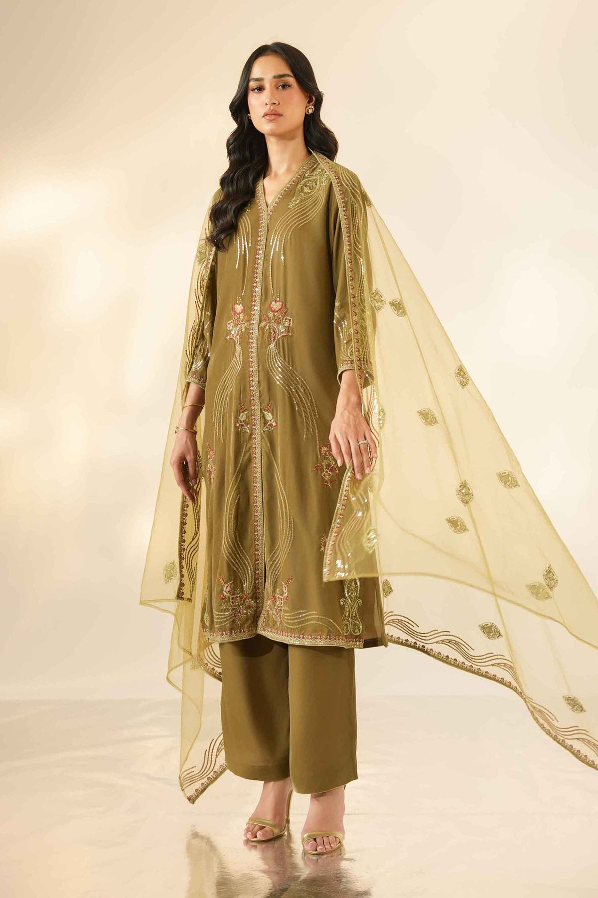 Nishat UK - Green Embroidered Velvet 3 Pieces ready to wear Suit