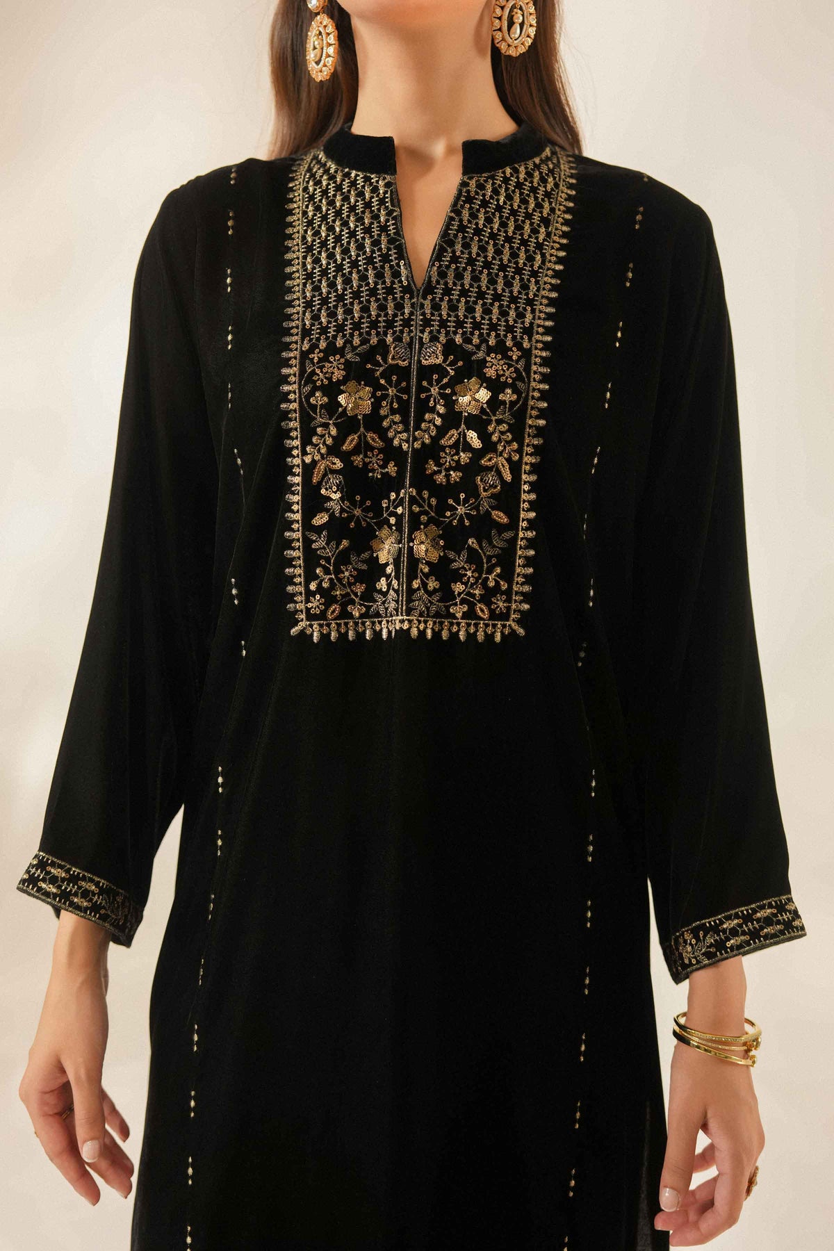 Nishat UK - Black Embroidered Velvet 3 Pieces ready to wear Suit