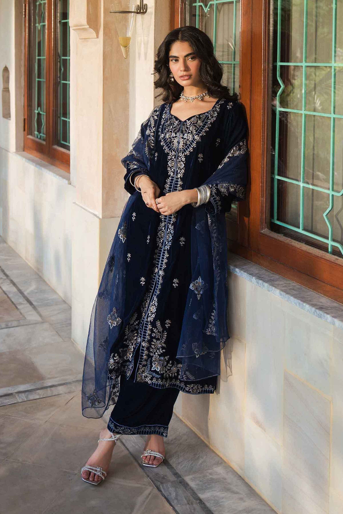 Nishat UK - Blue Embroidered Velvet 3 Pieces ready to wear Suit
