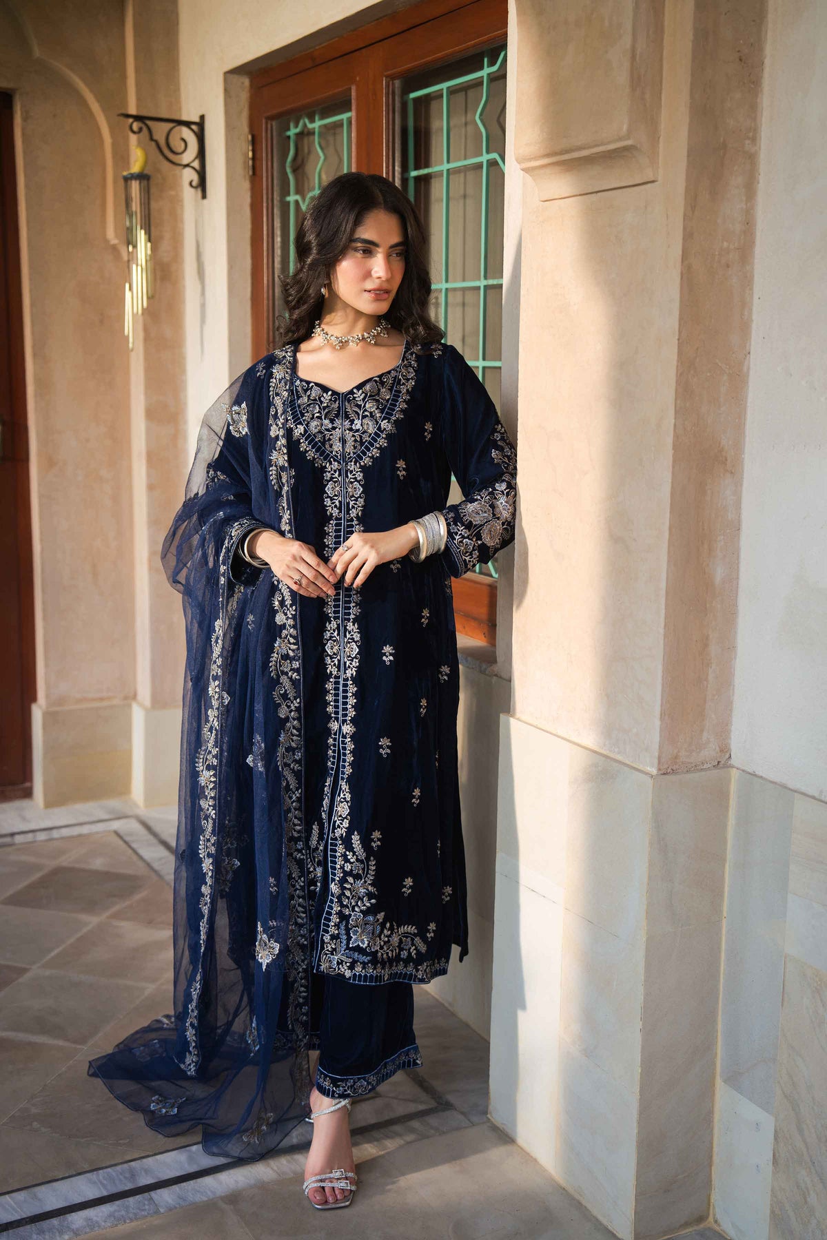 Nishat UK - Blue Embroidered Velvet 3 Pieces ready to wear Suit